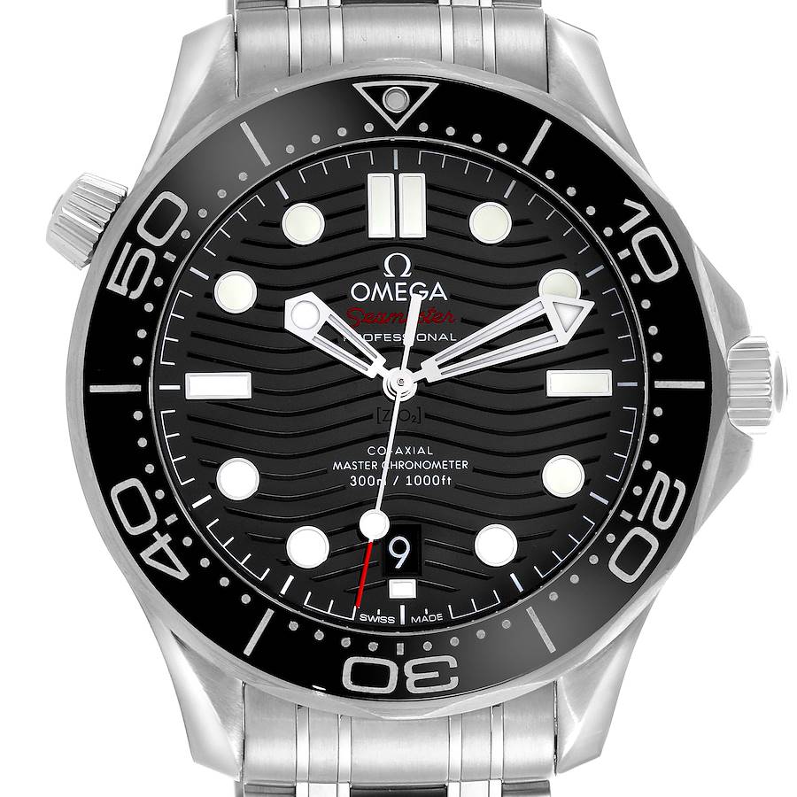 The Omega Seamaster watch is shown from a front angle, displaying the face, bezel, and bracelet links.