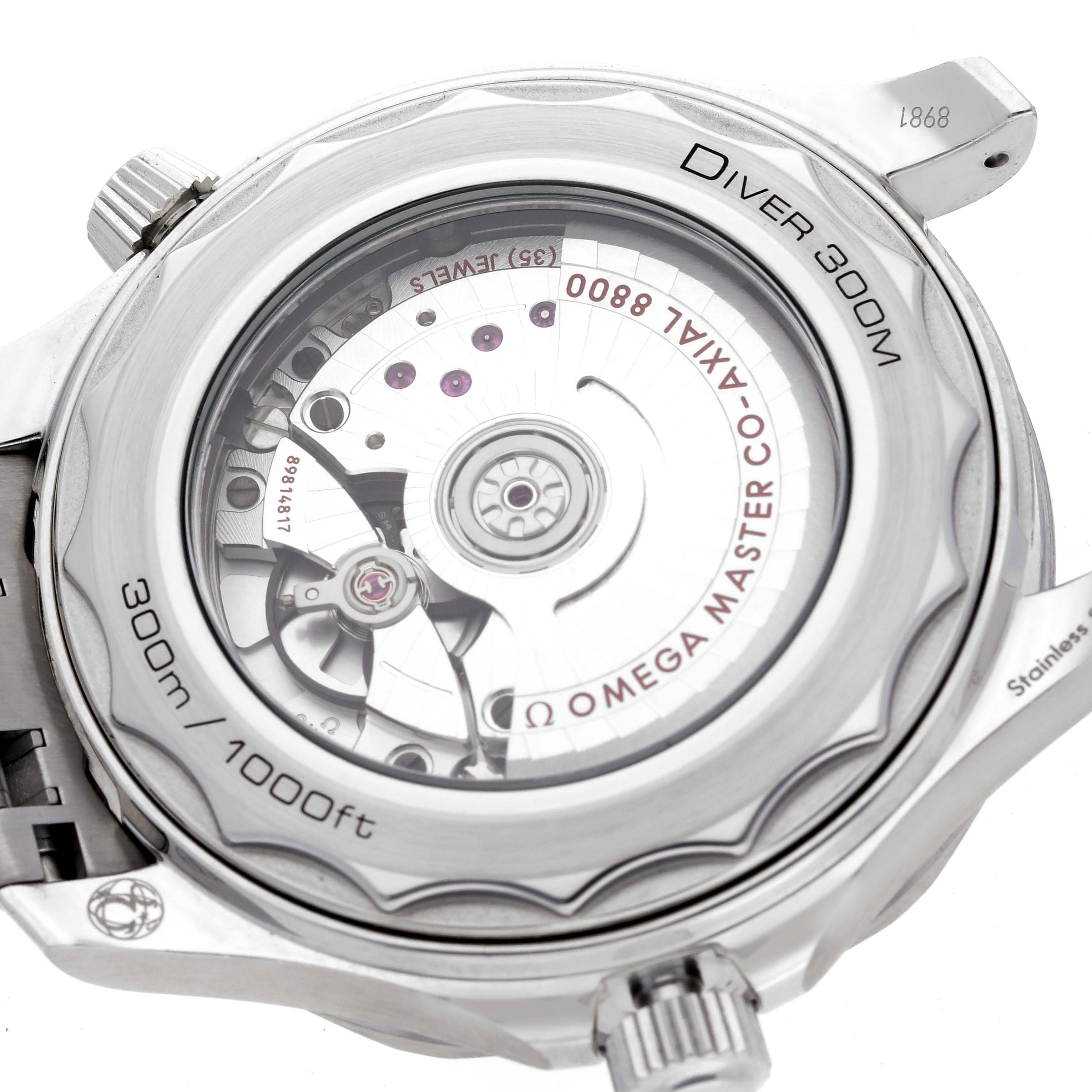 The image shows the case back and movement of the Omega Seamaster 210.30.42.20.01.001 Men
s Stainless Steel Black Dial 210.30.42.20.01.001 Men
s Stainless Steel Black Dial watch from an angled side view.