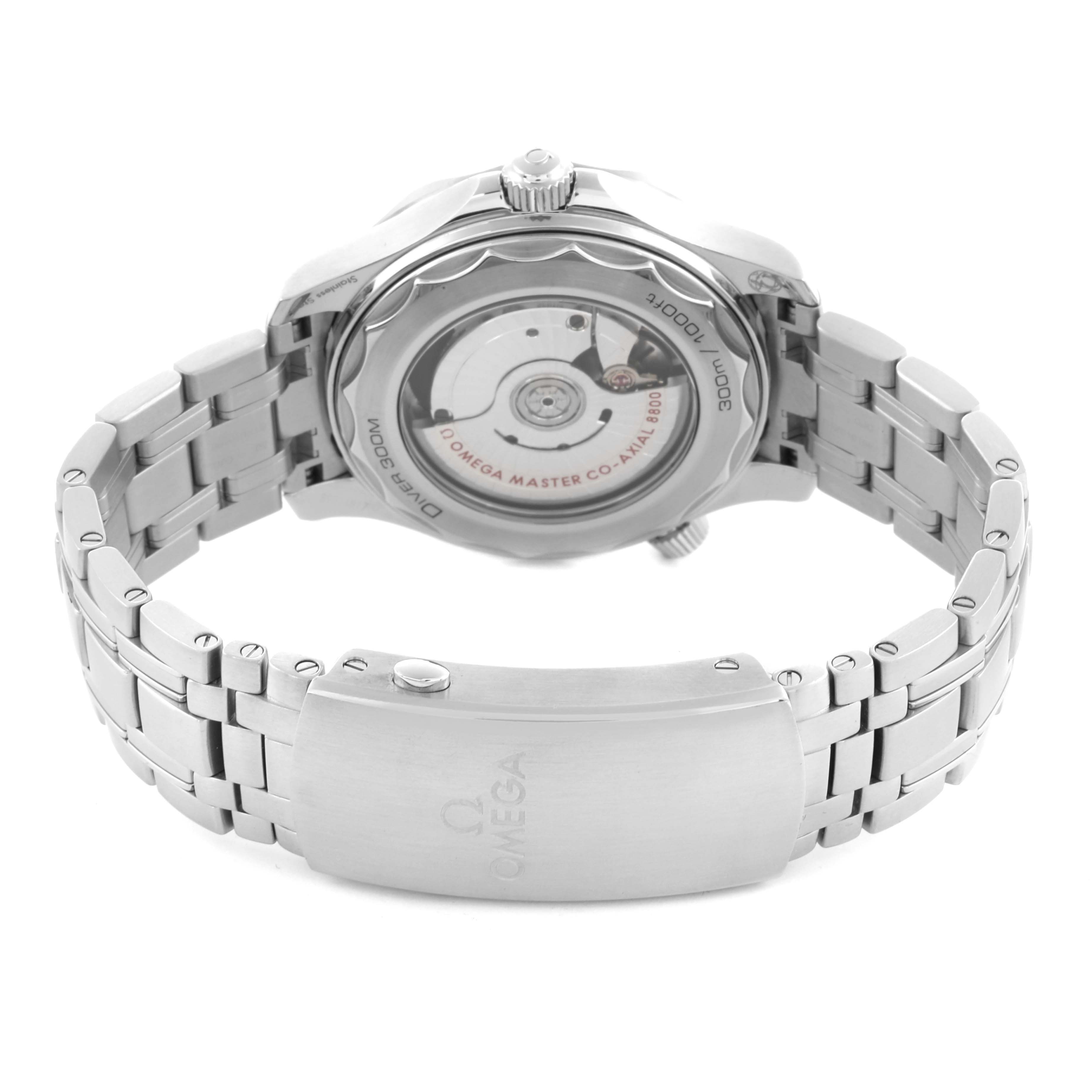 The image shows the back and bracelet of an Omega Seamaster 210.30.42.20.01.001 Men
s Stainless Steel Black Dial 210.30.42.20.01.001 Men
s Stainless Steel Black Dial, highlighting the movement and clasp.