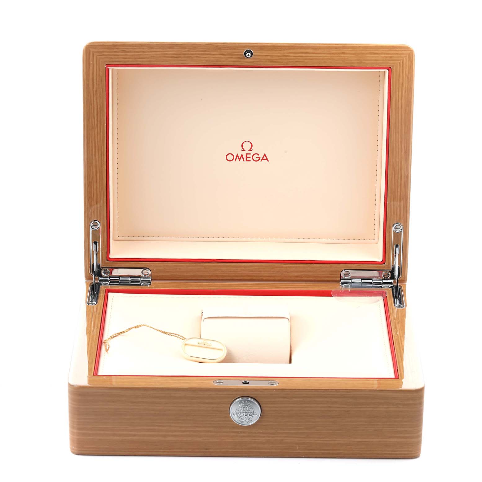 The image shows an open Omega Seamaster 210.30.42.20.01.001 Men
s Stainless Steel Black Dial 210.30.42.20.01.001 Men
s Stainless Steel Black Dial watch box with a tag and watch cushion, viewed from the front.