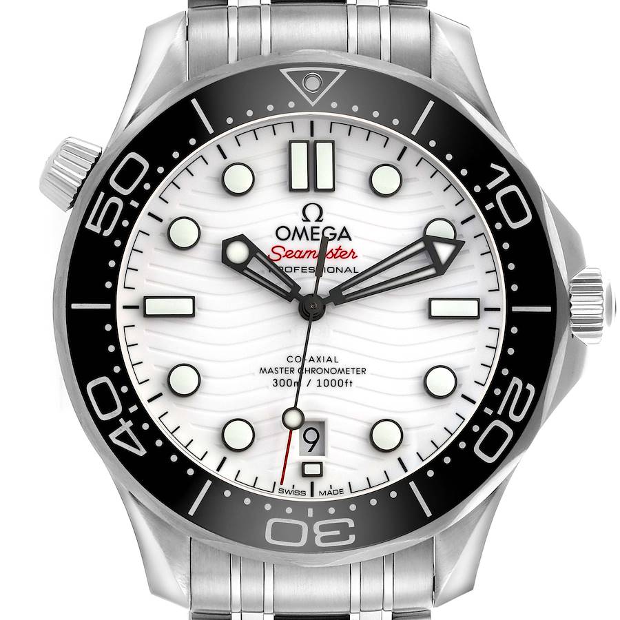 The Omega Seamaster watch is shown from a front angle, displaying its dial, hands, bezel, and part of the bracelet.