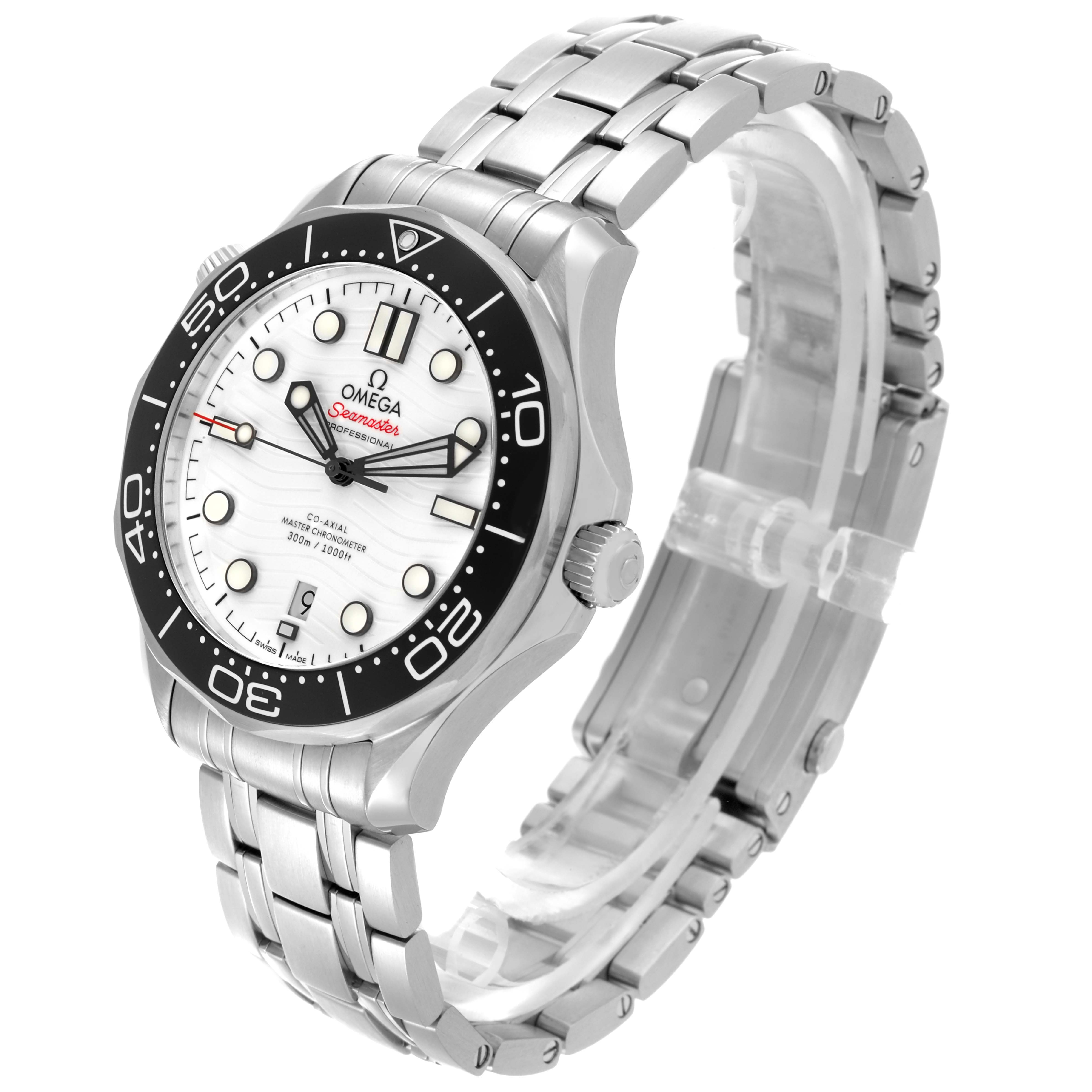 The Omega Seamaster 210.30.42.20.04.001 Men
s Stainless Steel White Dial 210.30.42.20.04.001 Men
s Stainless Steel White Dial watch is shown at a three-quarter angle, displaying its face, bezel, and metal bracelet.