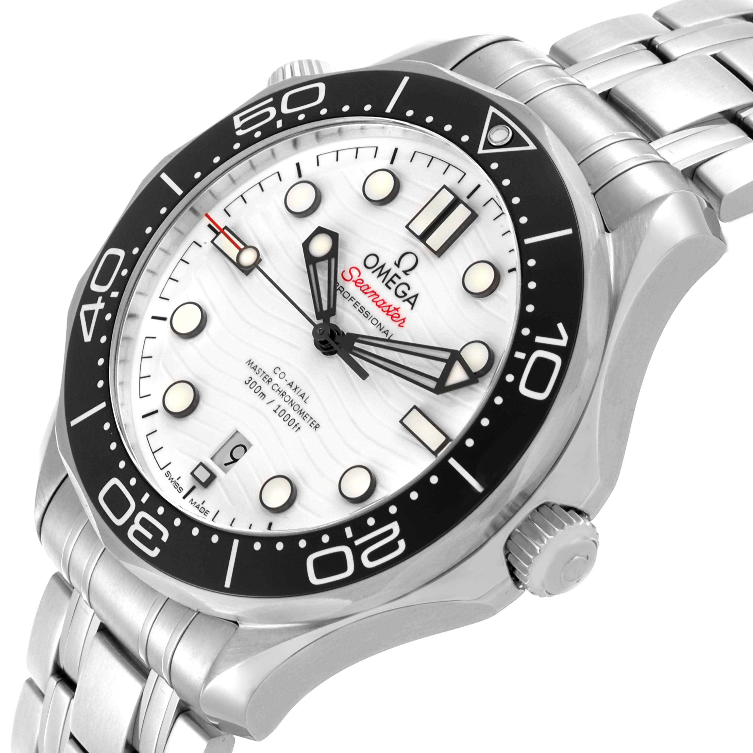 The Omega Seamaster 210.30.42.20.04.001 Men
s Stainless Steel White Dial 210.30.42.20.04.001 Men
s Stainless Steel White Dial watch is shown at an angled view, highlighting the bezel, dial, and bracelet.