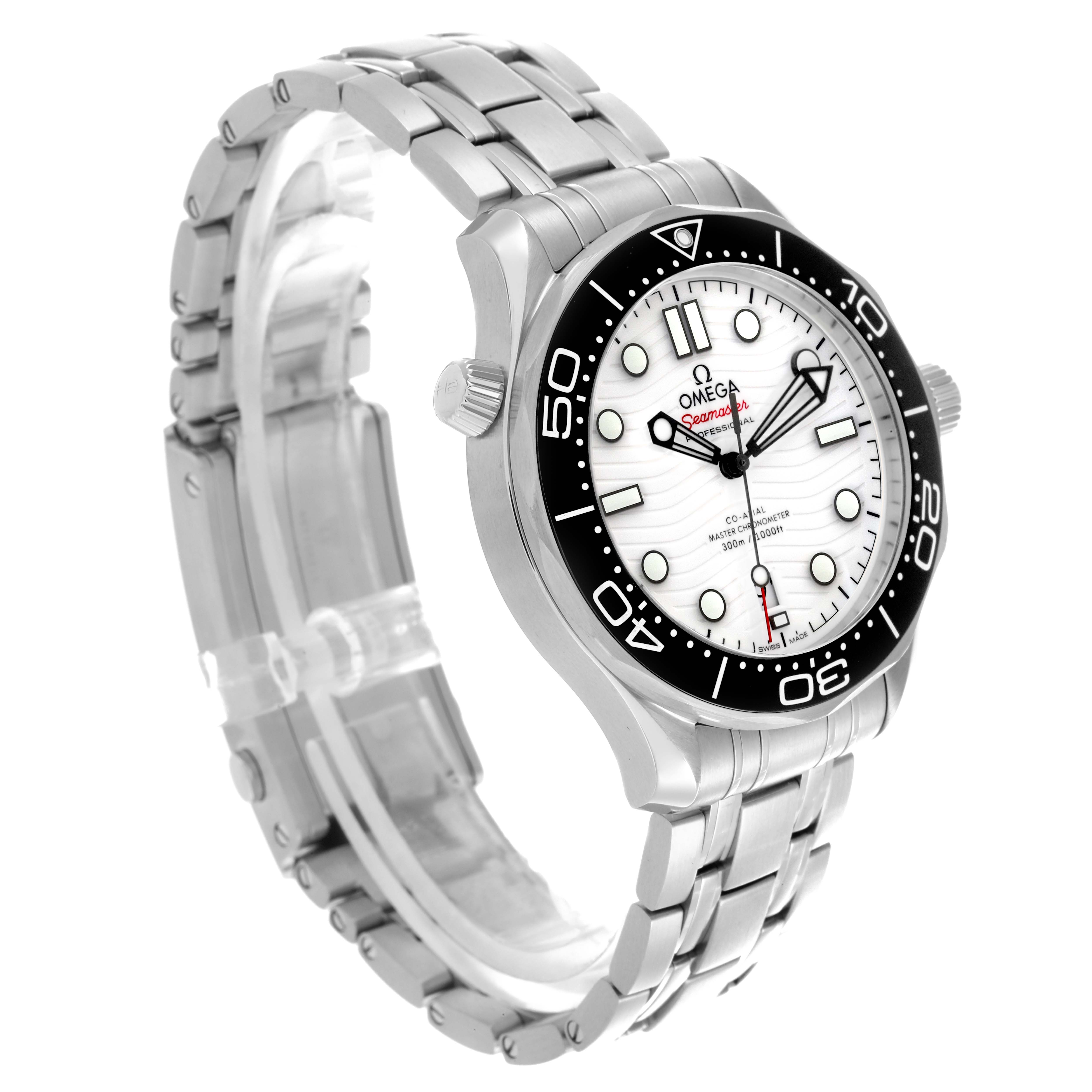 The image shows an Omega Seamaster 210.30.42.20.04.001 Men
s Stainless Steel White Dial 210.30.42.20.04.001 Men
s Stainless Steel White Dial watch at an angled side view, highlighting the bezel, dial, bracelet, and crown.