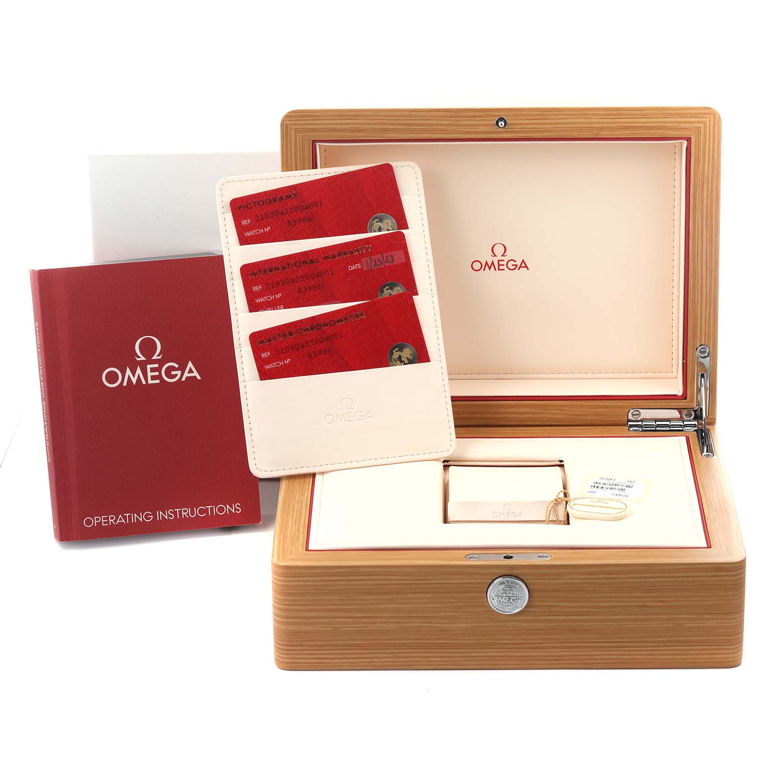 The image shows the packaging, cards, and accessories for an Omega Seamaster 210.30.42.20.04.001 Men
s Stainless Steel White Dial 210.30.42.20.04.001 Men
s Stainless Steel White Dial, including the box and instruction manual.
