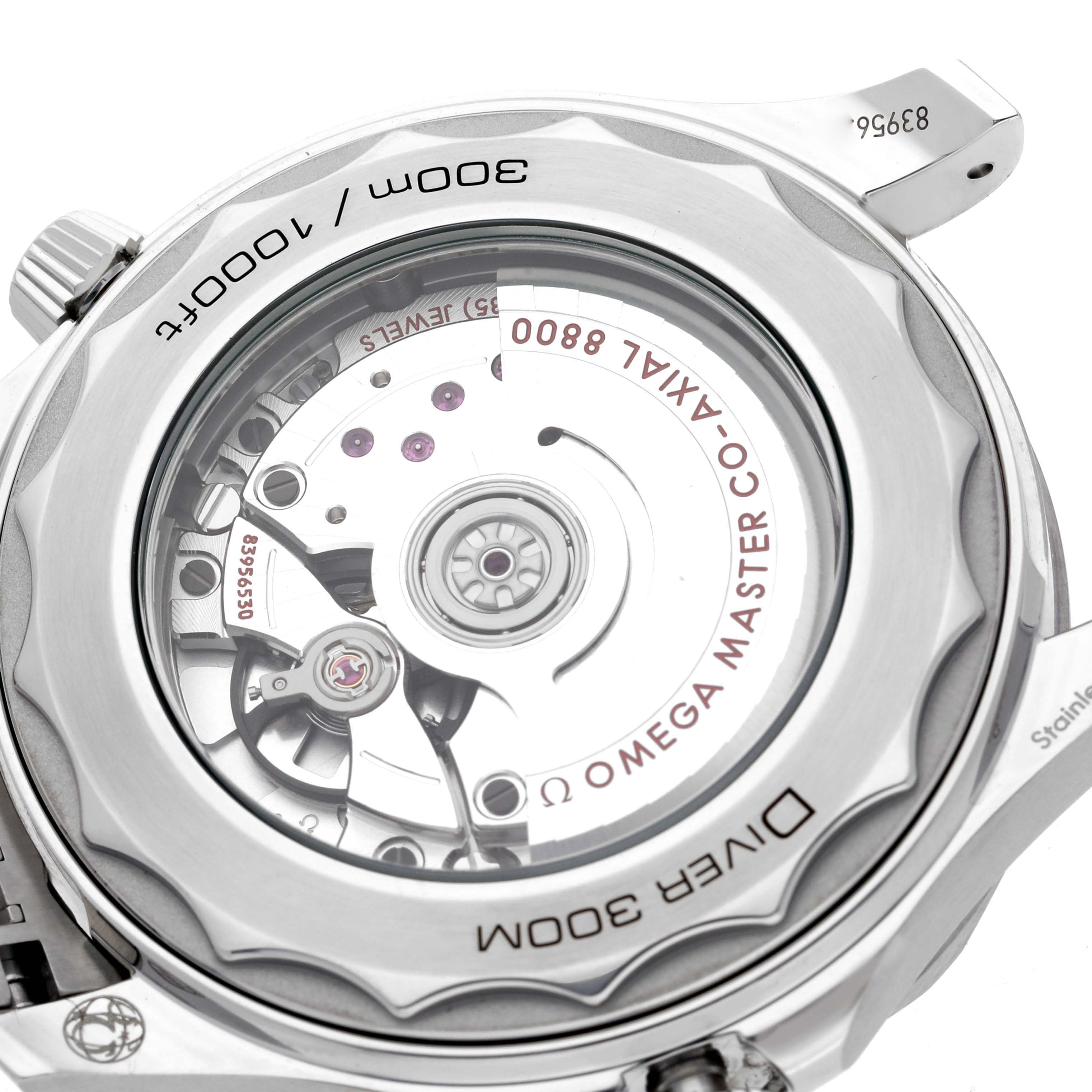The image shows the back casing of an Omega Seamaster 210.30.42.20.04.001 Men
s Stainless Steel White Dial 210.30.42.20.04.001 Men
s Stainless Steel White Dial watch, revealing its mechanical movement.