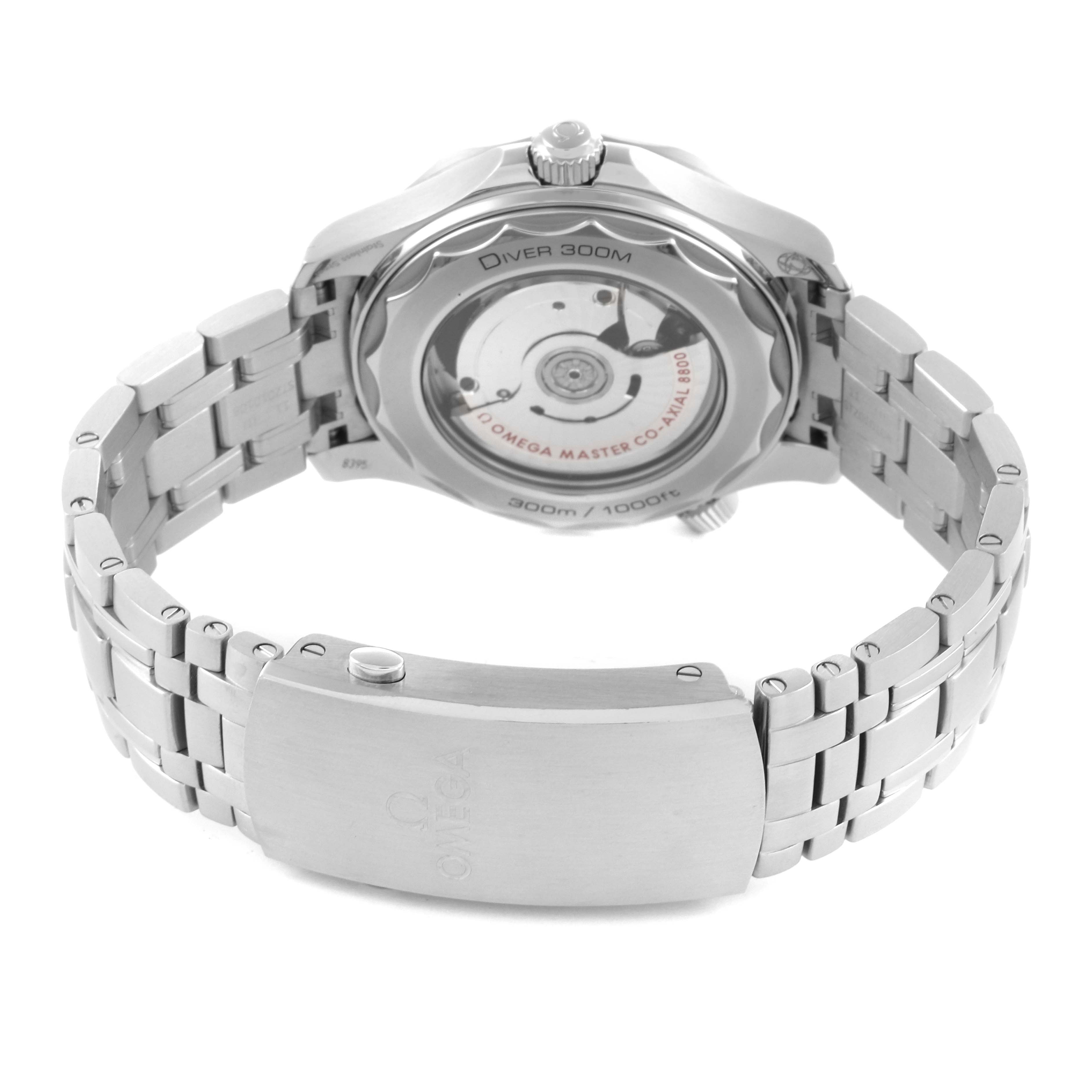 The Omega Seamaster 210.30.42.20.04.001 Men
s Stainless Steel White Dial 210.30.42.20.04.001 Men
s Stainless Steel White Dial watch is shown from the back, highlighting the open case back and stainless steel bracelet.