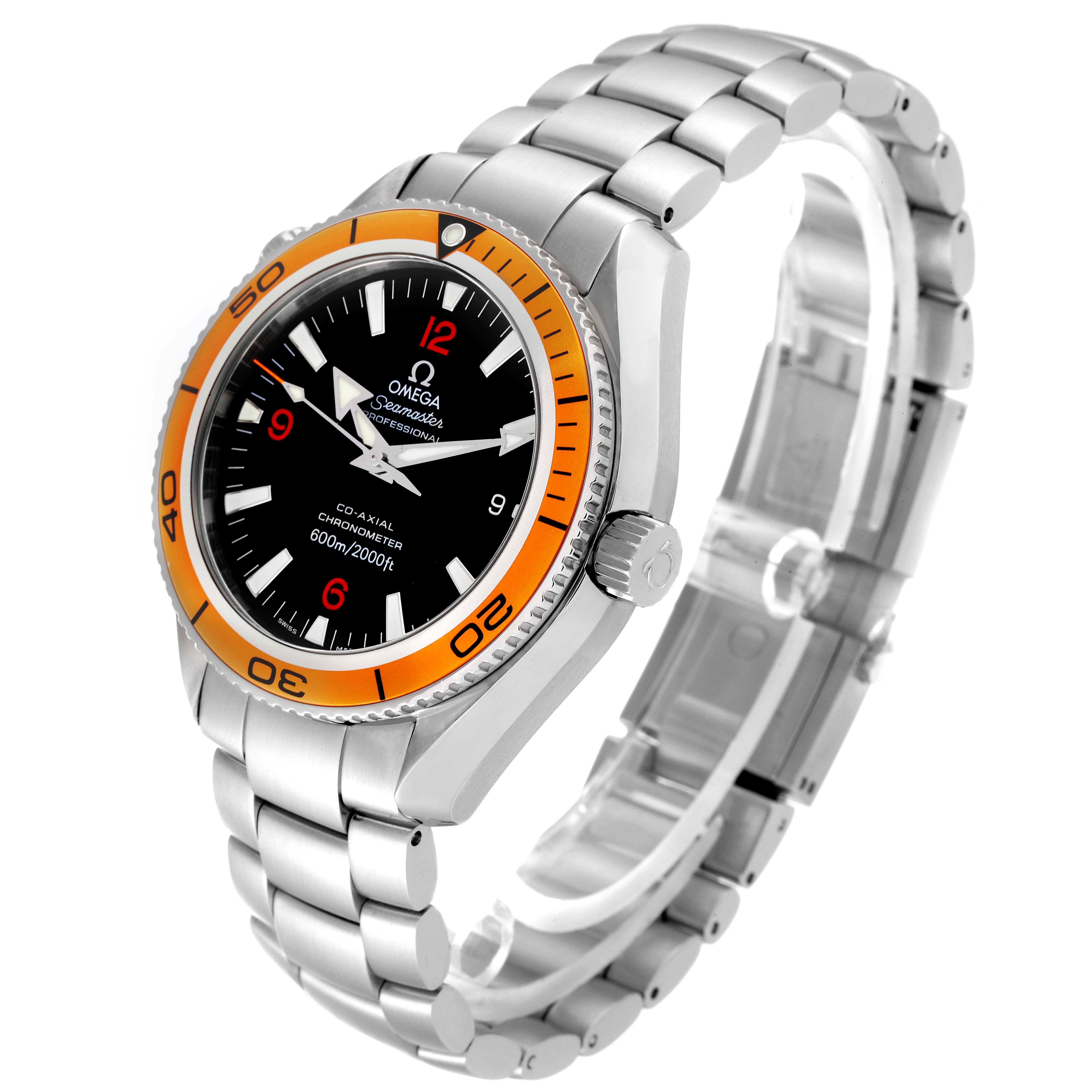 This Omega Planet Ocean 2209.50.00 Men
s Stainless Steel Black Dial 2209.50.00 Men
s Stainless Steel Black Dial watch is shown at a three-quarter angle, displaying the face, bezel, crown, and bracelet.