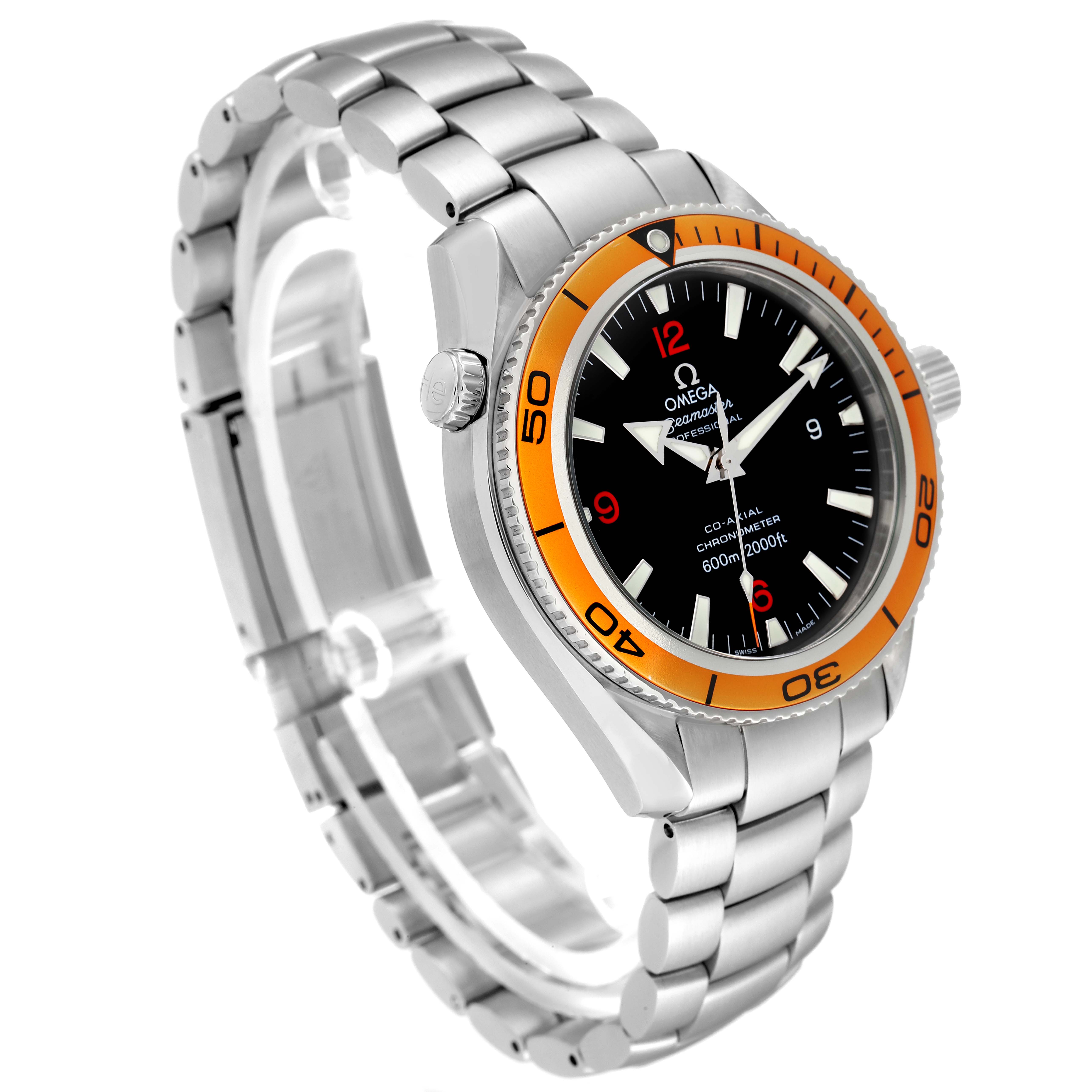 The image shows an Omega Planet Ocean 2209.50.00 Men
s Stainless Steel Black Dial 2209.50.00 Men
s Stainless Steel Black Dial watch at an angled view, highlighting the face, bezel, crown, and metal bracelet.