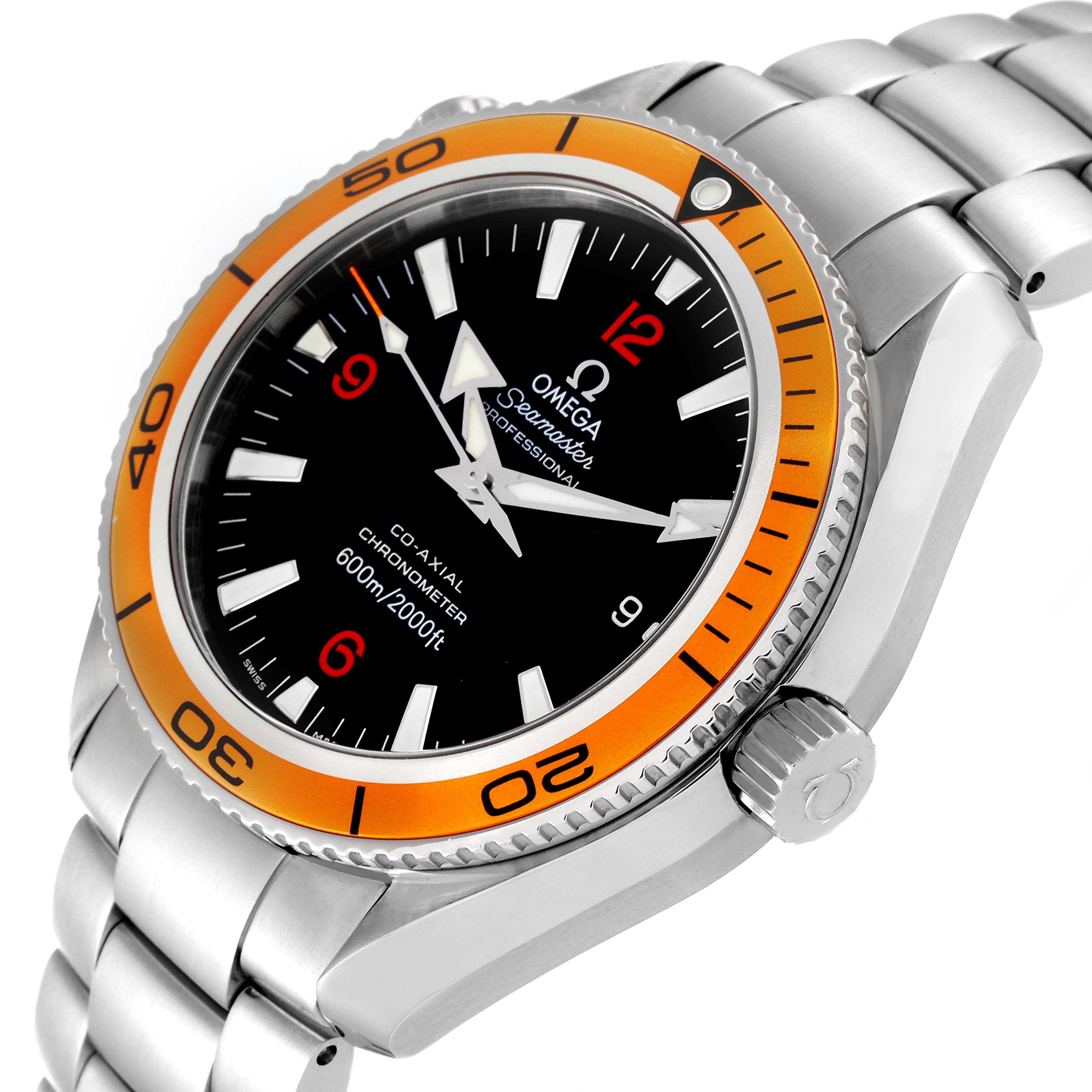 The image shows a close-up angle of the Omega Planet Ocean 2209.50.00 Men
s Stainless Steel Black Dial 2209.50.00 Men
s Stainless Steel Black Dial watch, highlighting the face, orange bezel, and metal bracelet.