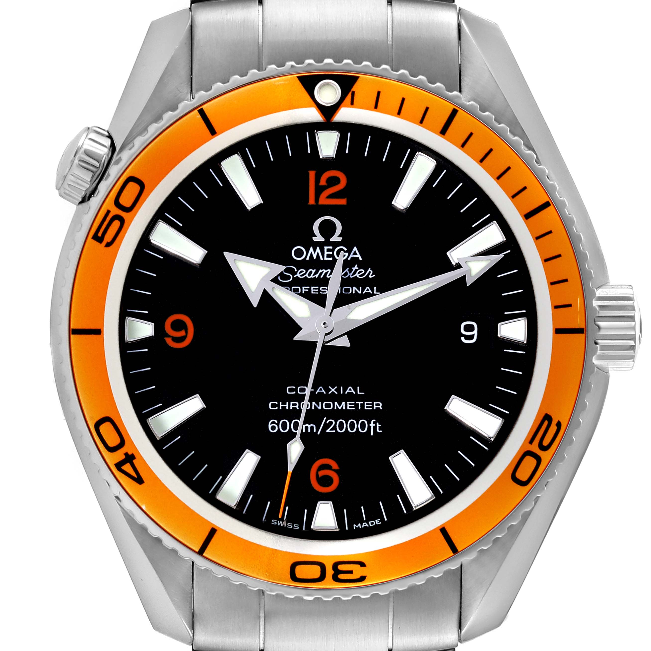 The image shows a front-facing view of the Omega Planet Ocean 2209.50.00 Men
s Stainless Steel Black Dial 2209.50.00 Men
s Stainless Steel Black Dial model watch, featuring an orange bezel and black dial.