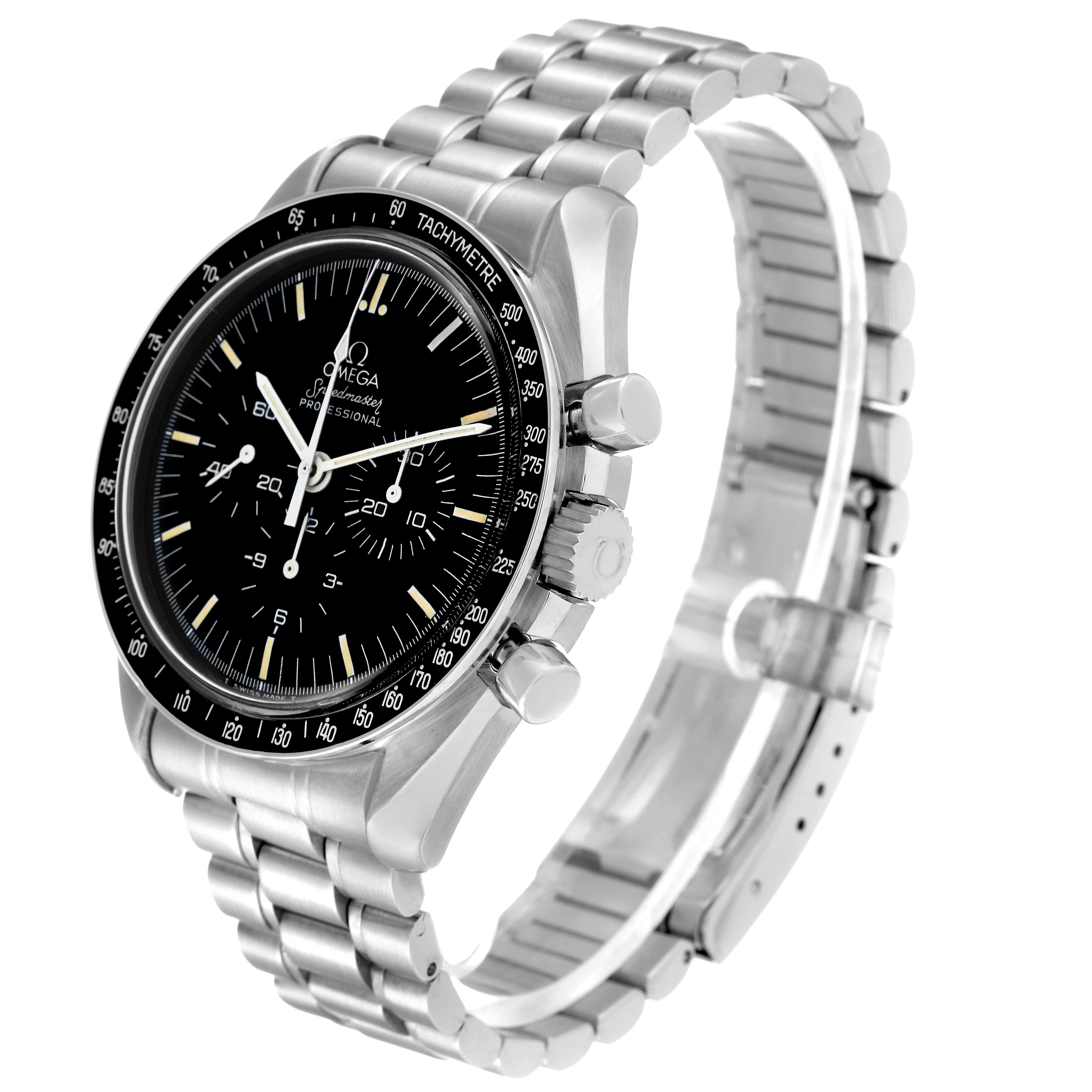 The Omega Speedmaster 3590.50.00 Men
s Stainless Steel Black Dial 3590.50.00 Men
s Stainless Steel Black Dial watch is shown at an angle, highlighting its face, bezel, side buttons, and metal bracelet.