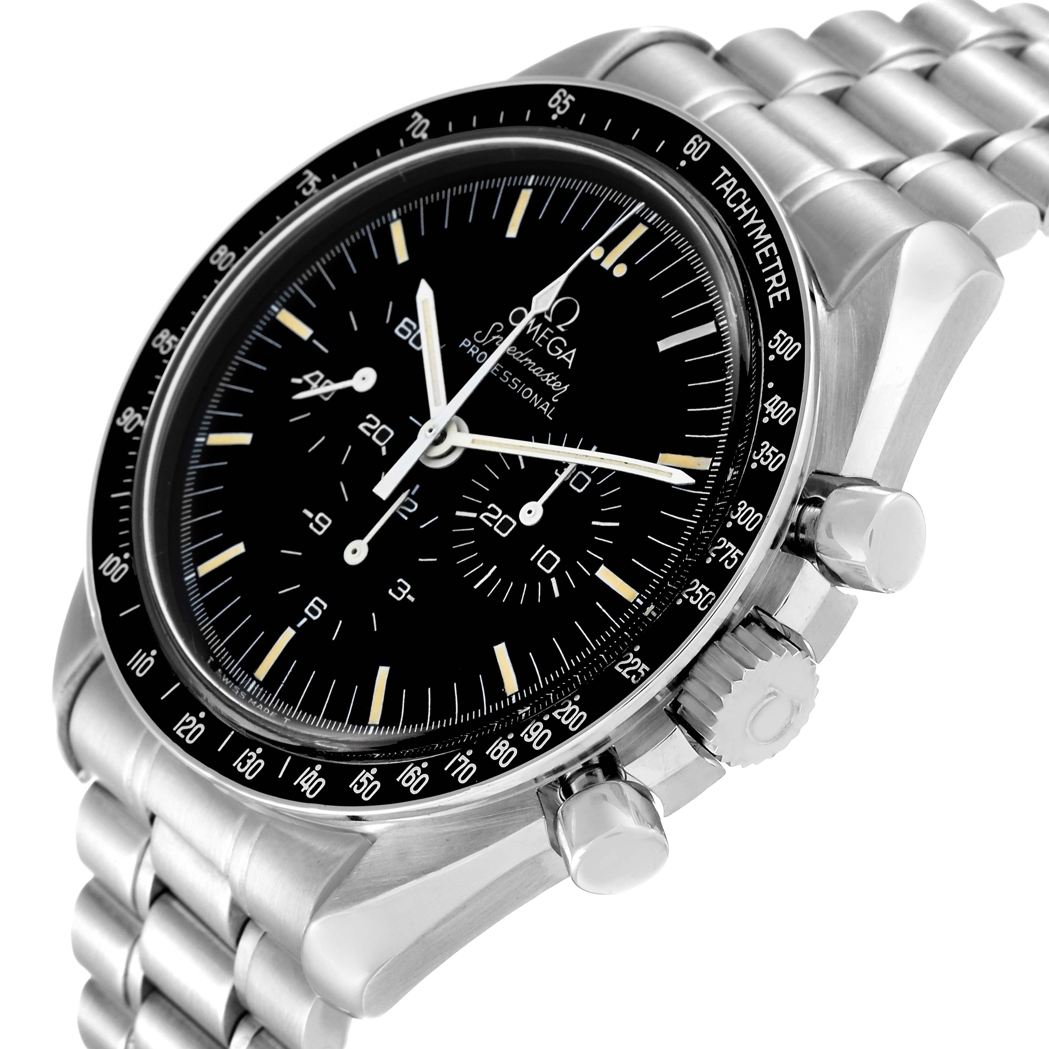 This image shows the face and side buttons of an Omega Speedmaster 3590.50.00 Men
s Stainless Steel Black Dial 3590.50.00 Men
s Stainless Steel Black Dial watch at a three-quarter angle.