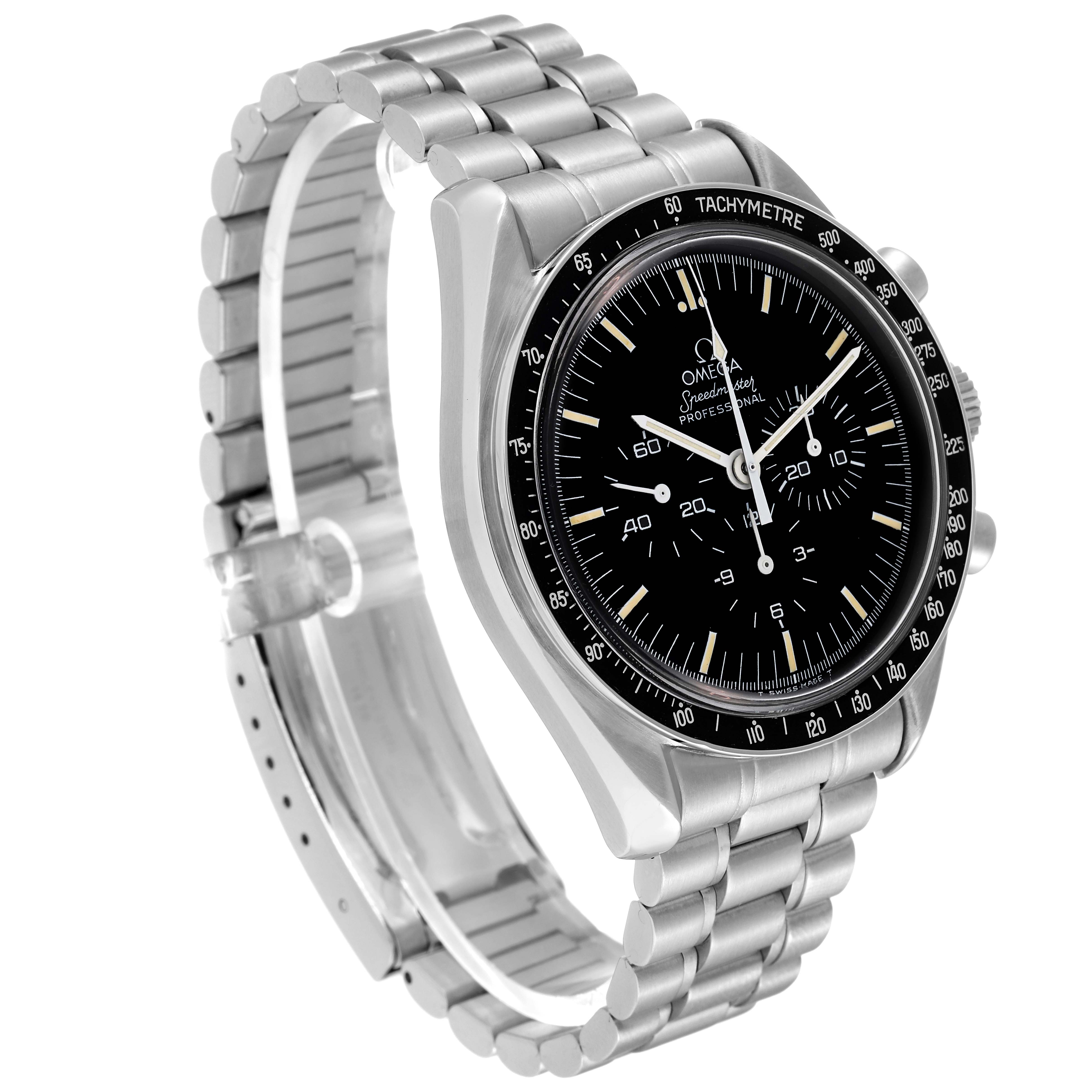 The Omega Speedmaster 3590.50.00 Men
s Stainless Steel Black Dial 3590.50.00 Men
s Stainless Steel Black Dial watch is shown at a three-quarter angle, highlighting the bracelet, case, and face with tachymetric bezel.