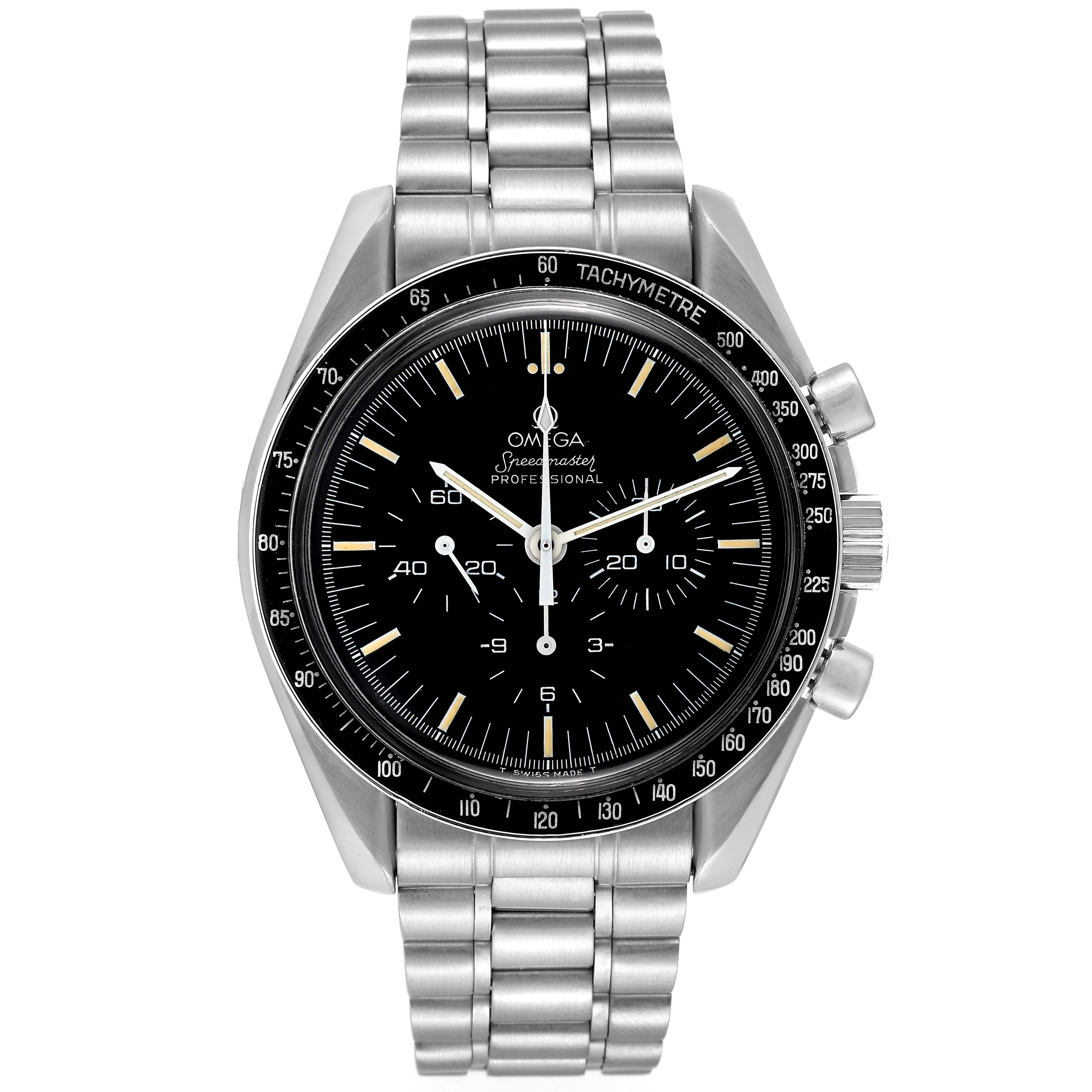 The image shows a front view of an Omega Speedmaster 3590.50.00 Men
s Stainless Steel Black Dial 3590.50.00 Men
s Stainless Steel Black Dial with a black dial and stainless steel bracelet.