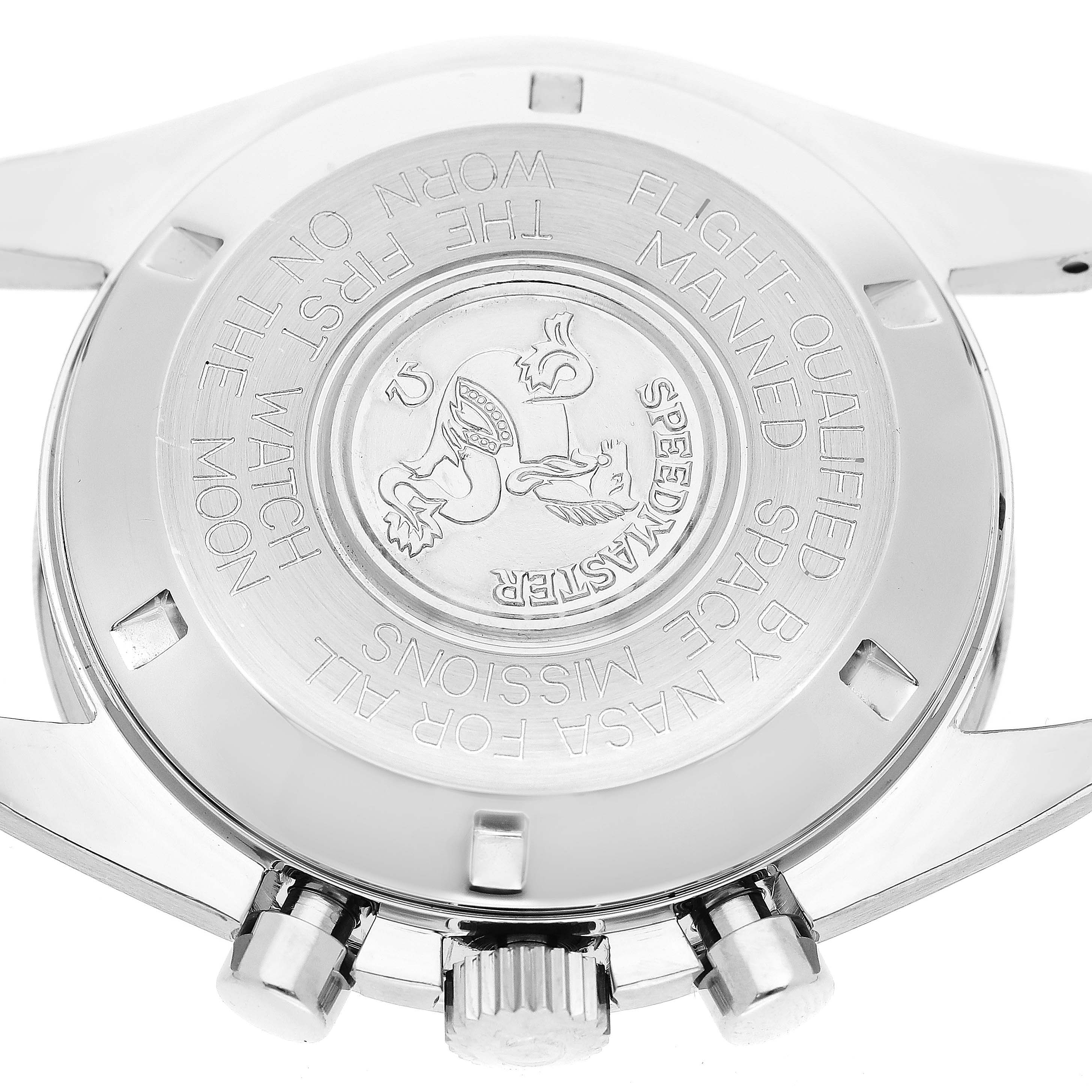 This image shows the case back of an Omega Speedmaster 3590.50.00 Men
s Stainless Steel Black Dial 3590.50.00 Men
s Stainless Steel Black Dial watch at a straight-on angle.