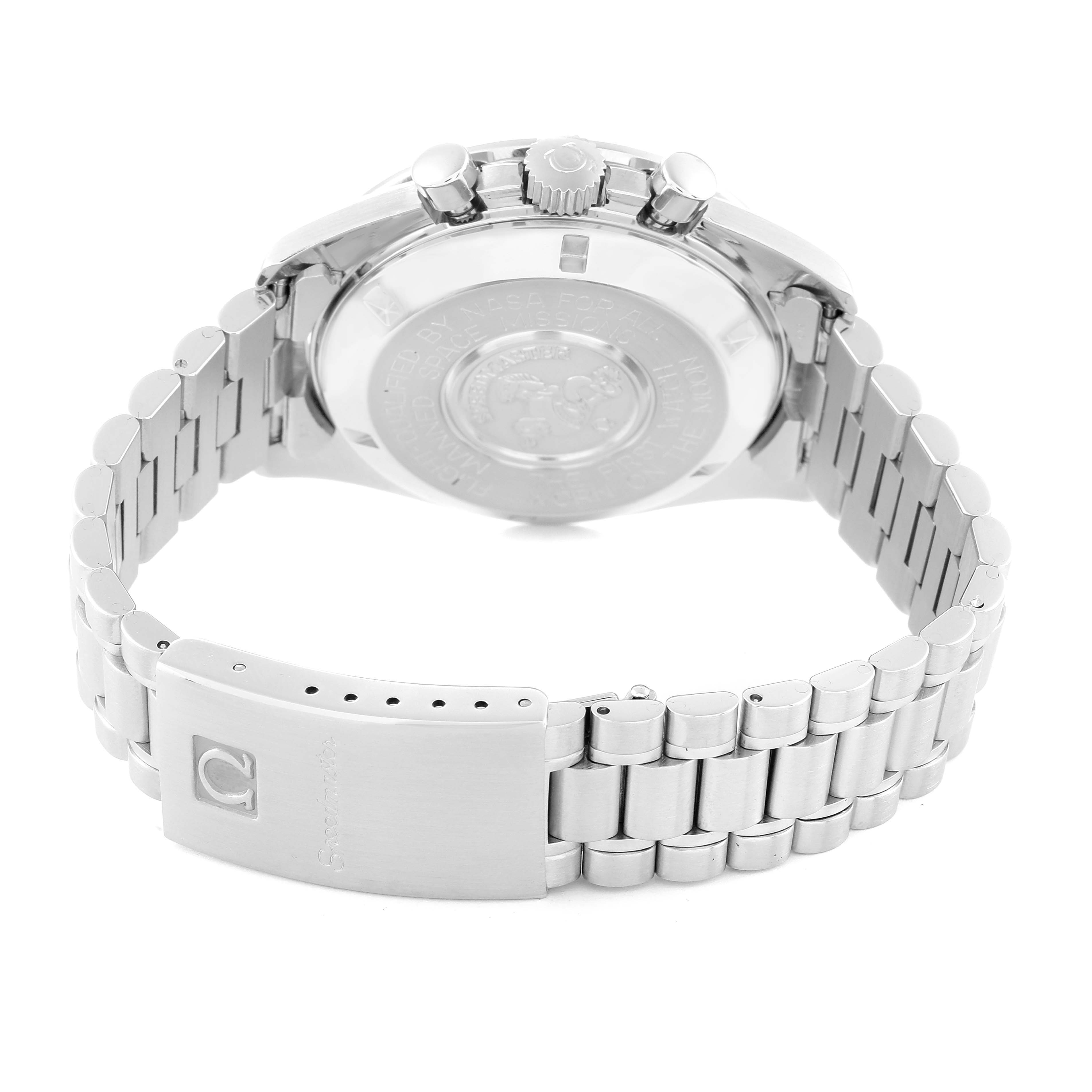 The image shows the back and clasp of an Omega Speedmaster 3590.50.00 Men
s Stainless Steel Black Dial 3590.50.00 Men
s Stainless Steel Black Dial watch, focusing on the caseback and metal bracelet.
