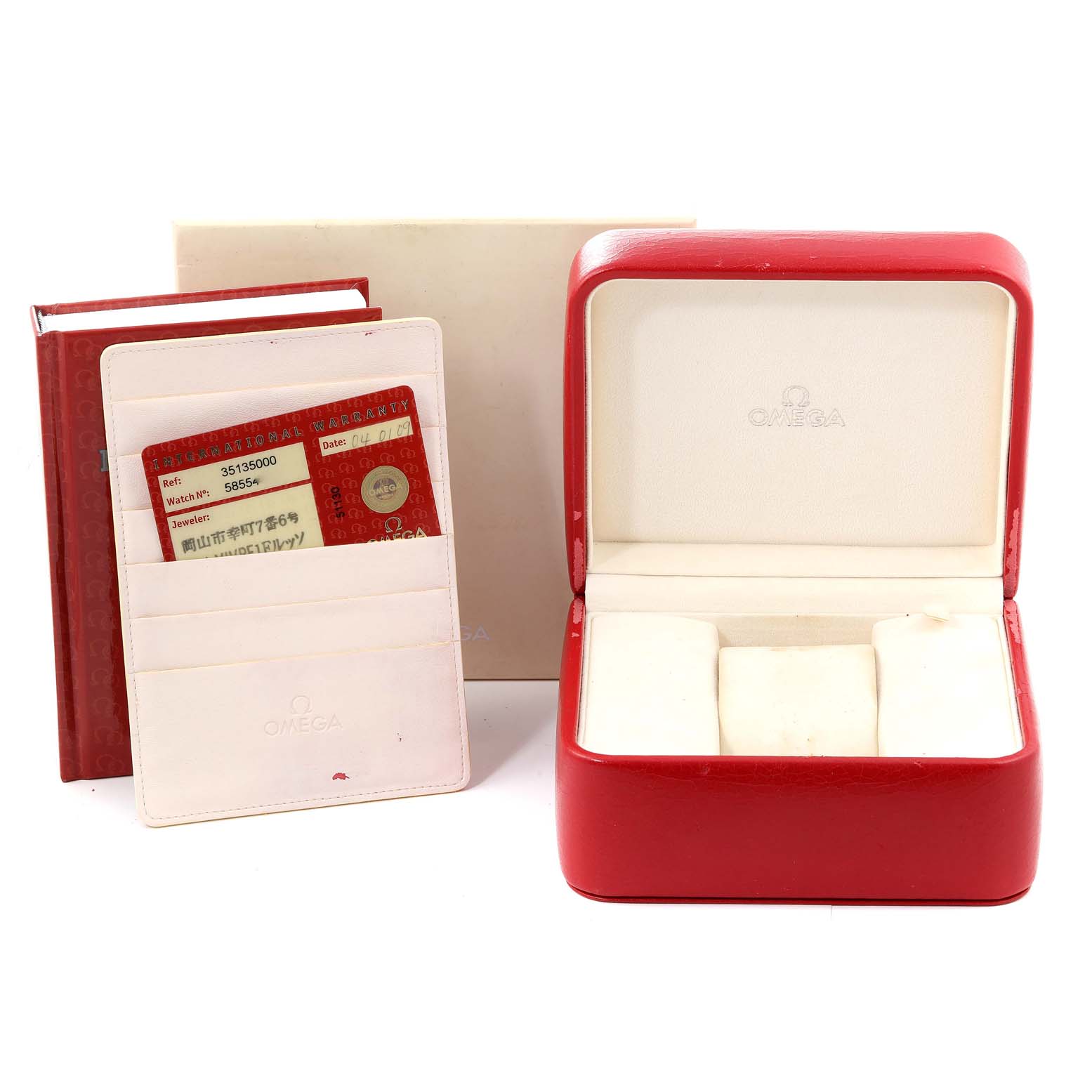 The image shows an Omega Speedmaster 3513.50.00 Men's Stainless Steel Black Dial 3513.50.00 Men's Stainless Steel Black Dial watch box, cardholder with cards, and outer packaging from a front angle.