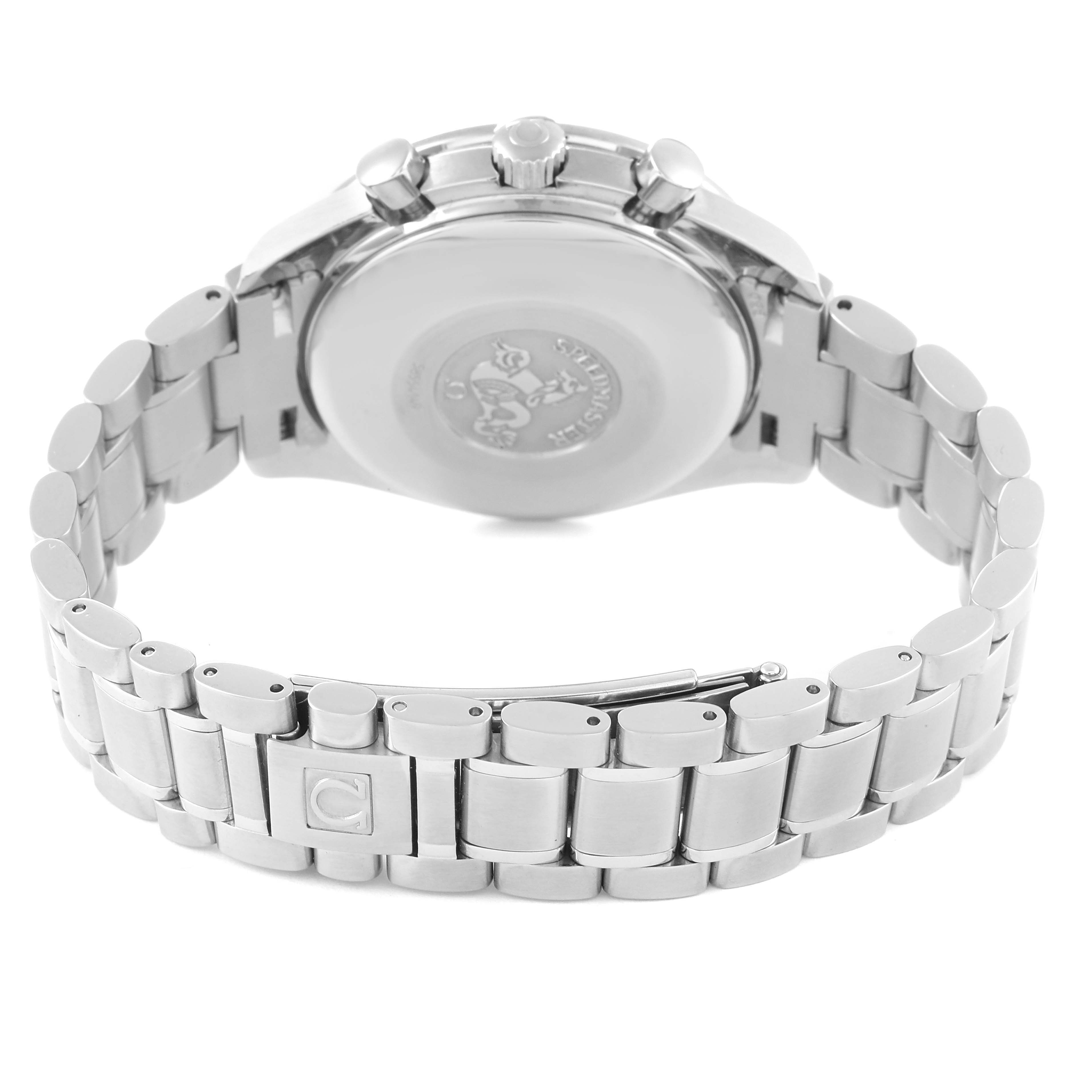 This image shows the back and bracelet of the Omega Speedmaster 3513.50.00 Men's Stainless Steel Black Dial 3513.50.00 Men's Stainless Steel Black Dial watch, highlighting the clasp and case back.