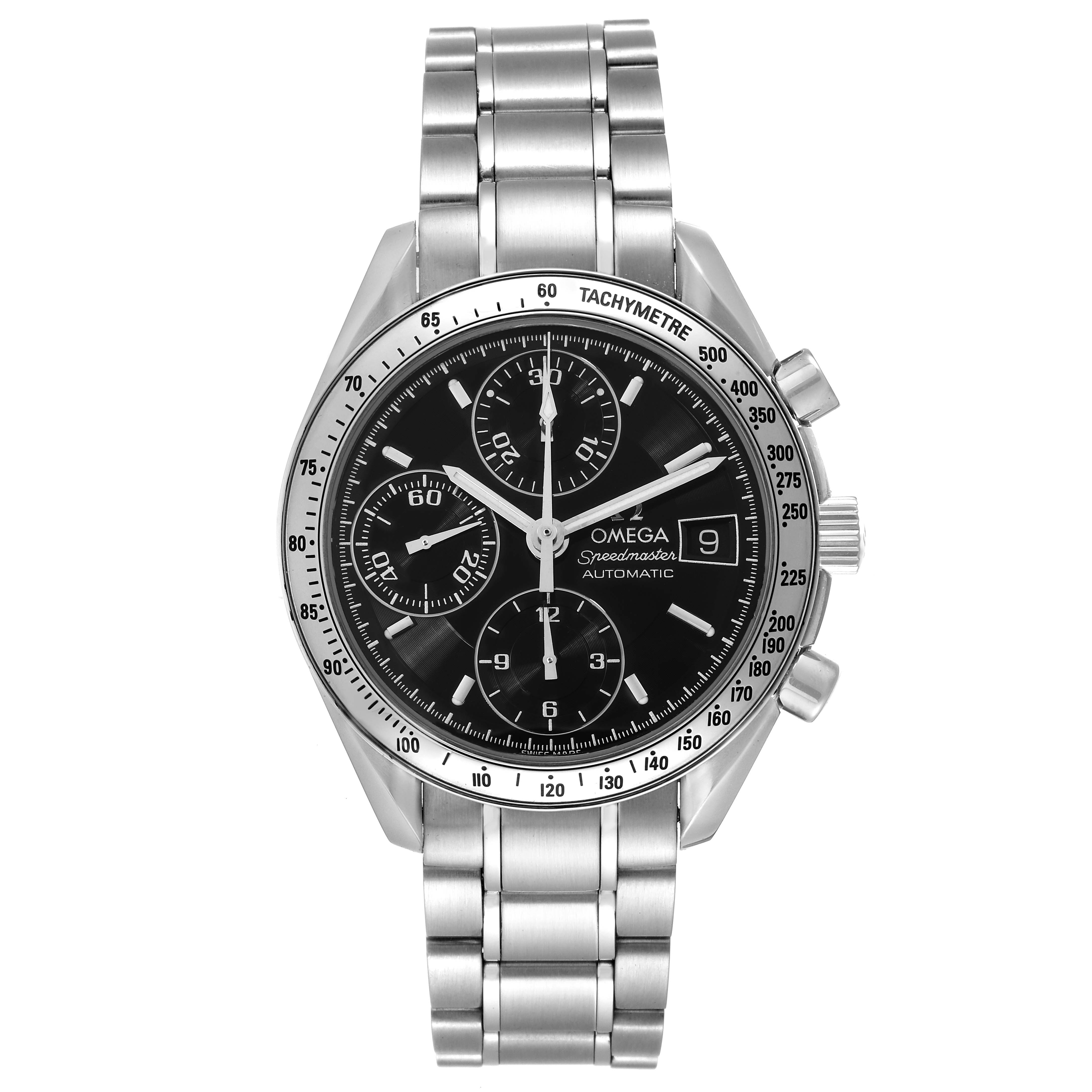 The image shows a front view of the Omega Speedmaster 3513.50.00 Men's Stainless Steel Black Dial 3513.50.00 Men's Stainless Steel Black Dial, displaying its dial, chronograph subdials, date window, and metal bracelet.