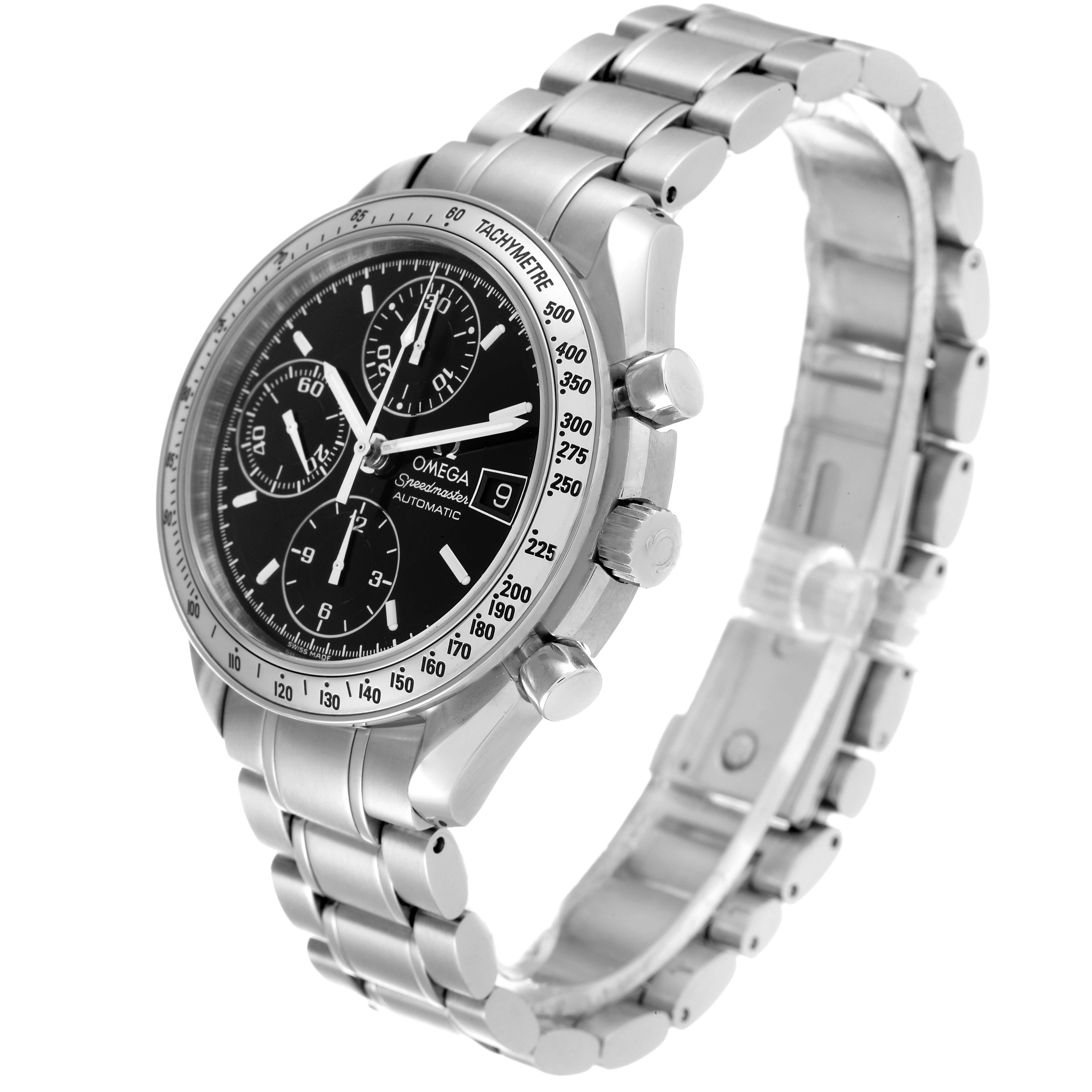 The image shows an Omega Speedmaster 3513.50.00 Men's Stainless Steel Black Dial 3513.50.00 Men's Stainless Steel Black Dial watch at a three-quarter angle, highlighting the face, bezel, pushers, and metal bracelet.