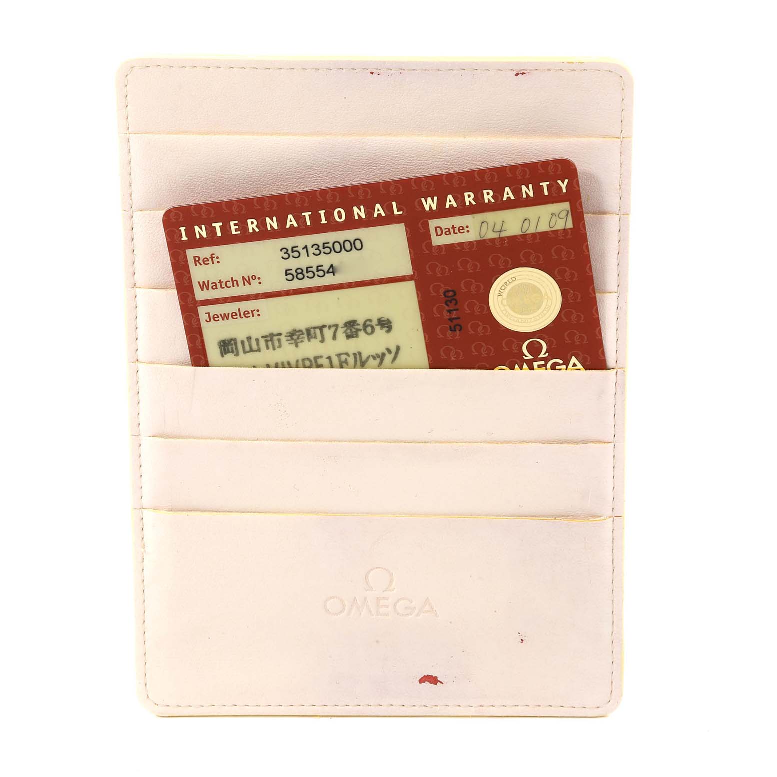 The image shows an Omega Speedmaster 3513.50.00 Men's Stainless Steel Black Dial 3513.50.00 Men's Stainless Steel Black Dial International Warranty card in a white Omega-branded holder.