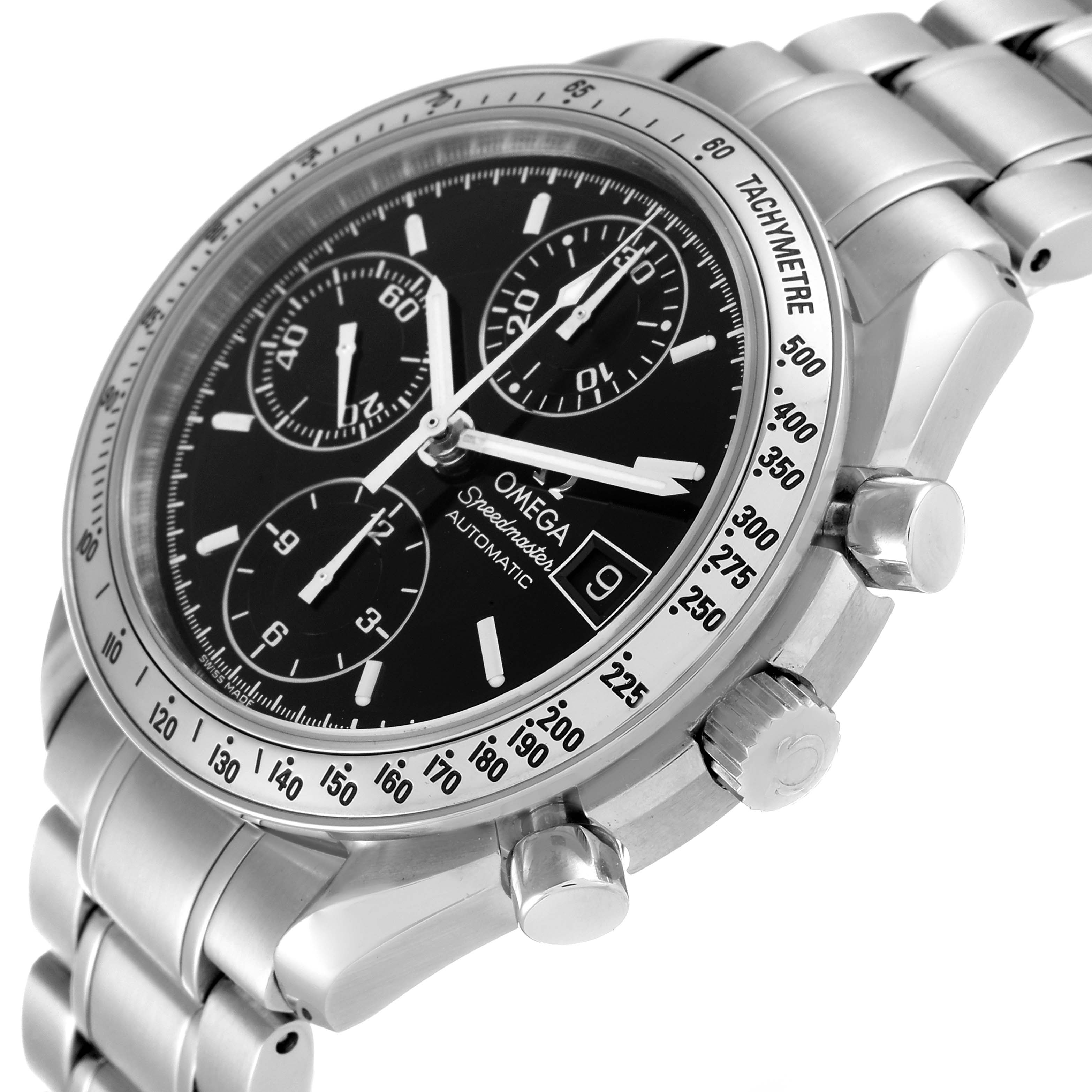 The image shows an angled view of the Omega Speedmaster 3513.50.00 Men's Stainless Steel Black Dial 3513.50.00 Men's Stainless Steel Black Dial watch, highlighting its black dial, chronograph subdials, and stainless steel bracelet.