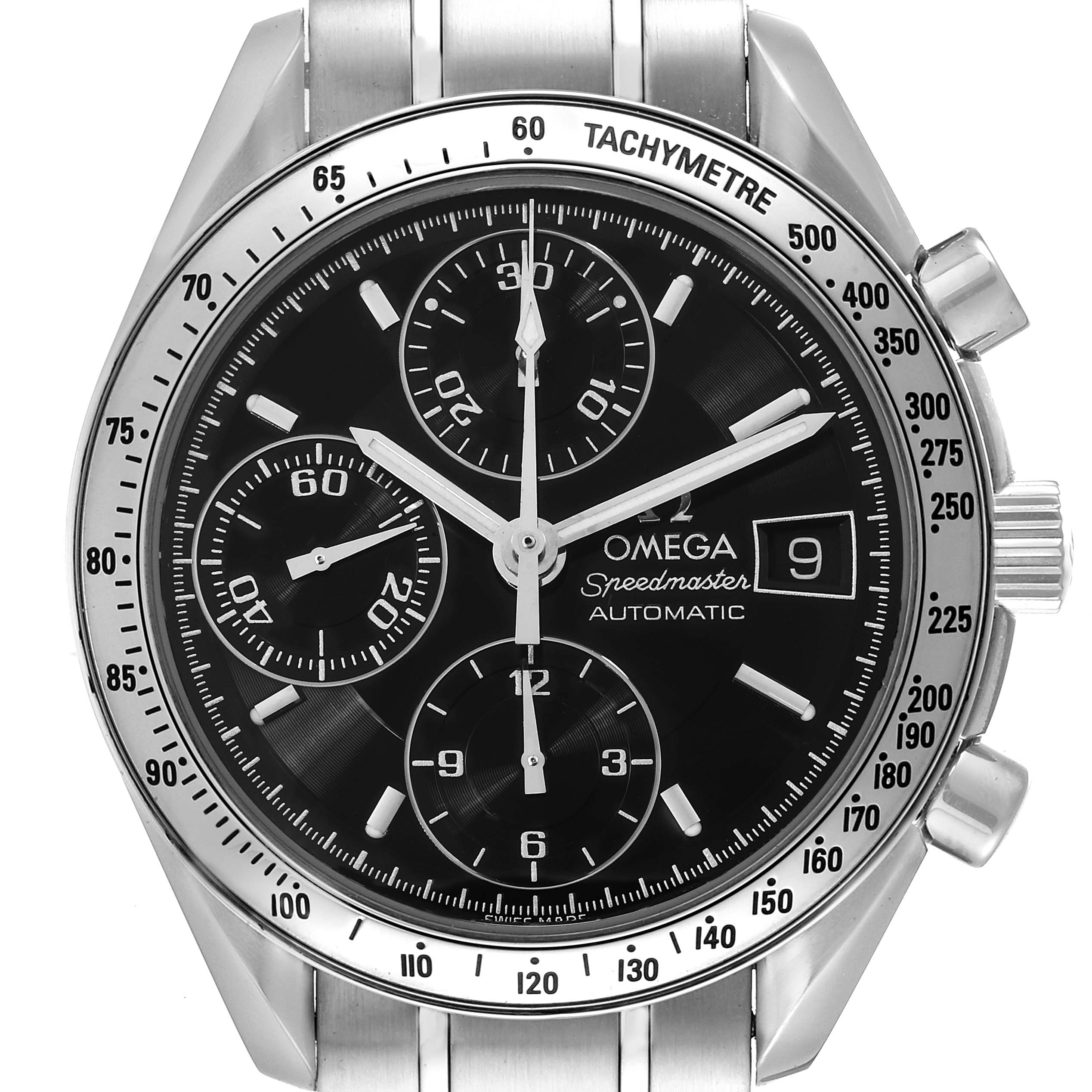 The image shows a frontal view of the Omega Speedmaster 3513.50.00 Men's Stainless Steel Black Dial 3513.50.00 Men's Stainless Steel Black Dial watch, displaying its dial, subdials, tachymeter, date window, and pushers.