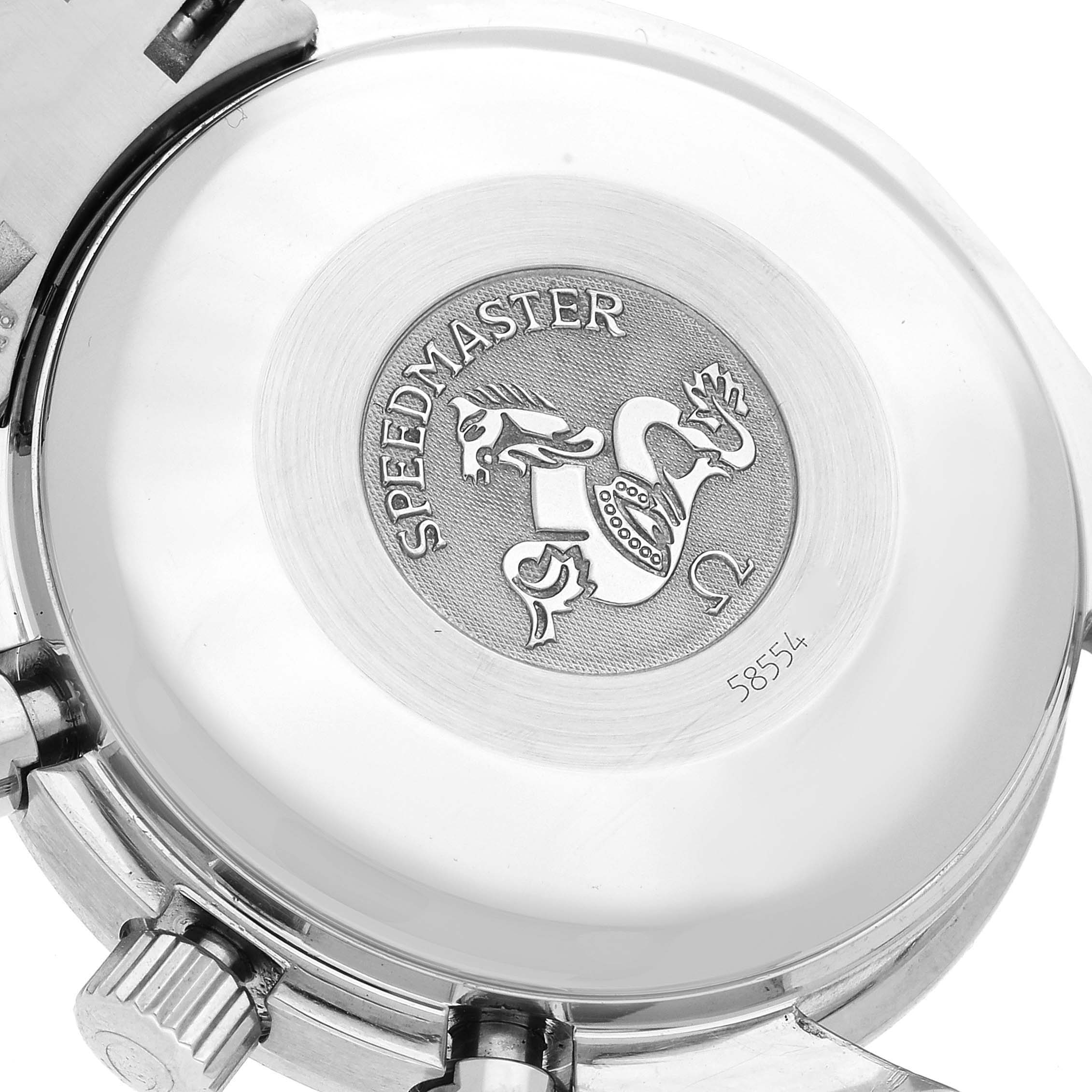 The image shows the back case of the Omega Speedmaster 3513.50.00 Men's Stainless Steel Black Dial 3513.50.00 Men's Stainless Steel Black Dial watch, highlighting the engraved logo and text.