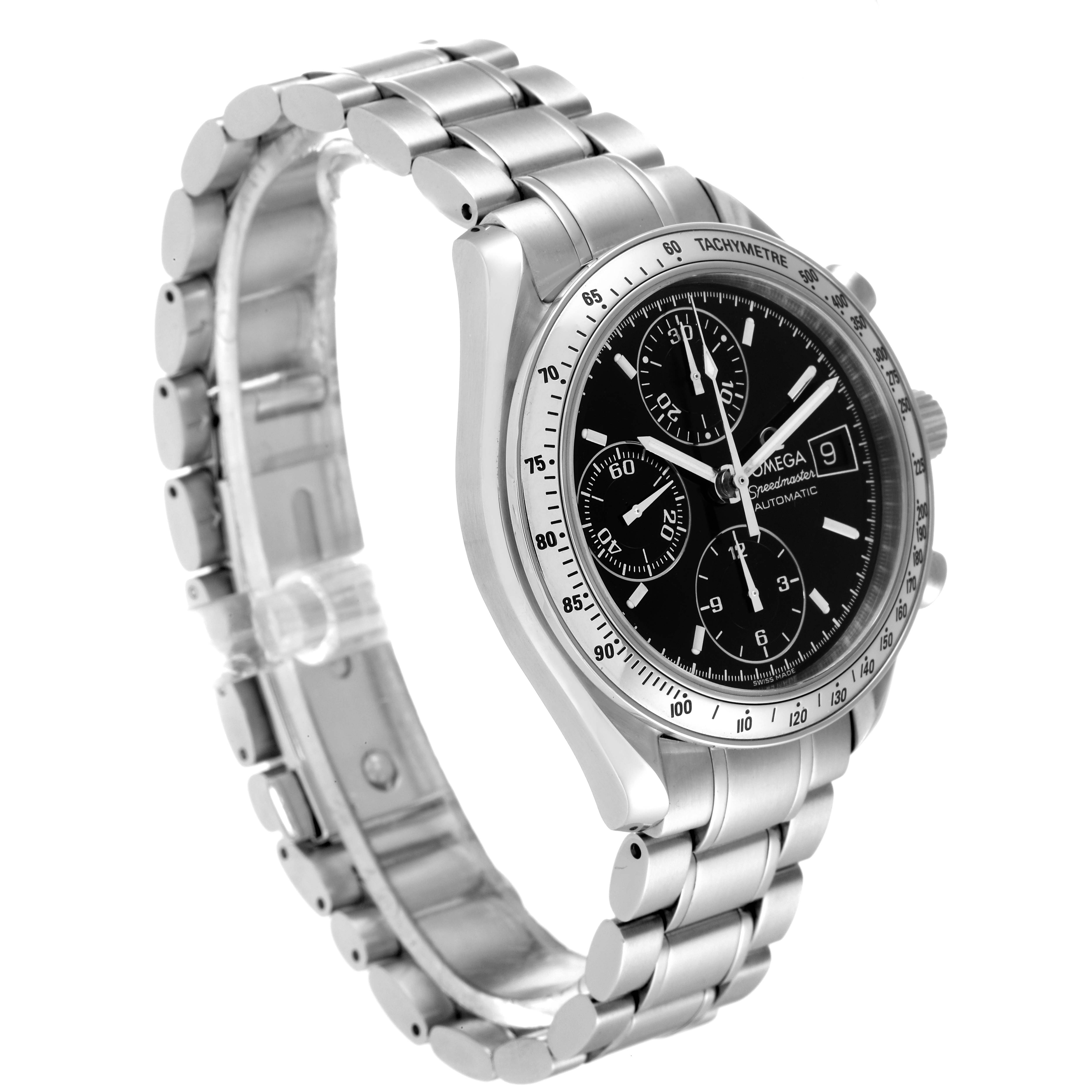 The Omega Speedmaster 3513.50.00 Men's Stainless Steel Black Dial 3513.50.00 Men's Stainless Steel Black Dial watch is displayed at a three-quarter angle, showcasing the face, bezel, and bracelet.