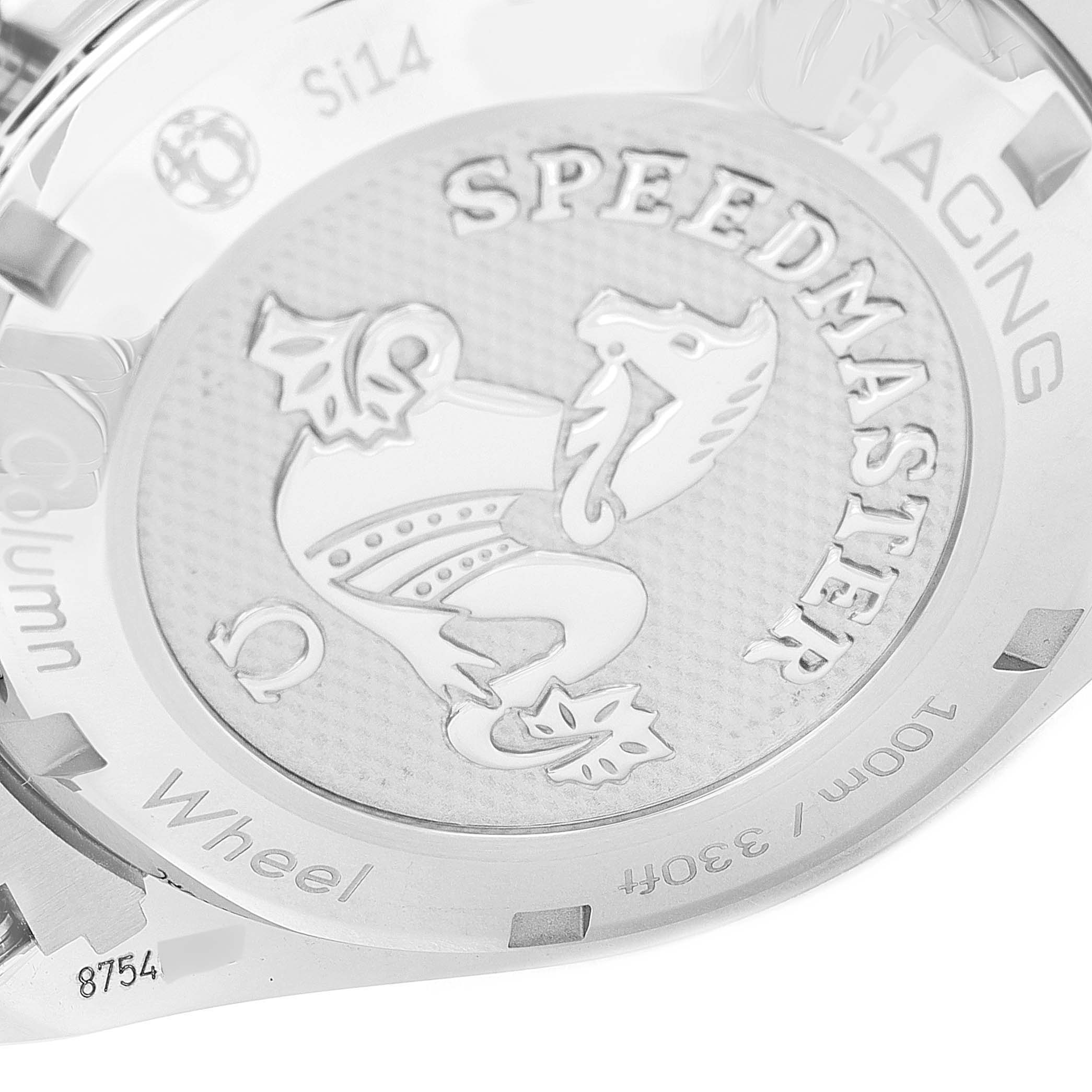 This is a close-up image of the case back of an Omega Speedmaster 326.30.40.50.02.001 Men's Stainless Steel Silver Dial 326.30.40.50.02.001 Men's Stainless Steel Silver Dial watch, showing its intricate engraving and text details.