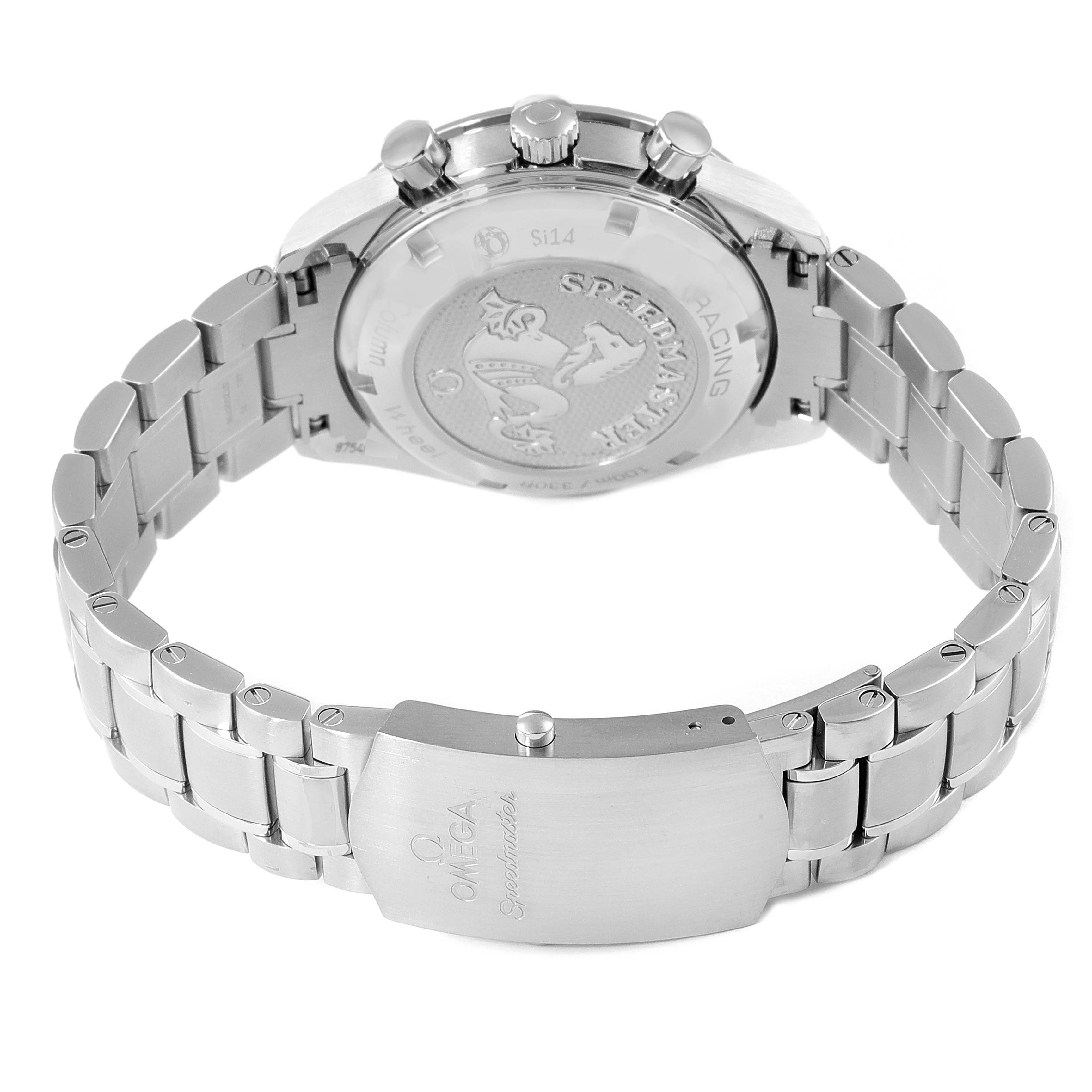 The image shows the back and bracelet of an Omega Speedmaster 326.30.40.50.02.001 Men's Stainless Steel Silver Dial 326.30.40.50.02.001 Men's Stainless Steel Silver Dial watch, highlighting the engraved case back and clasp.