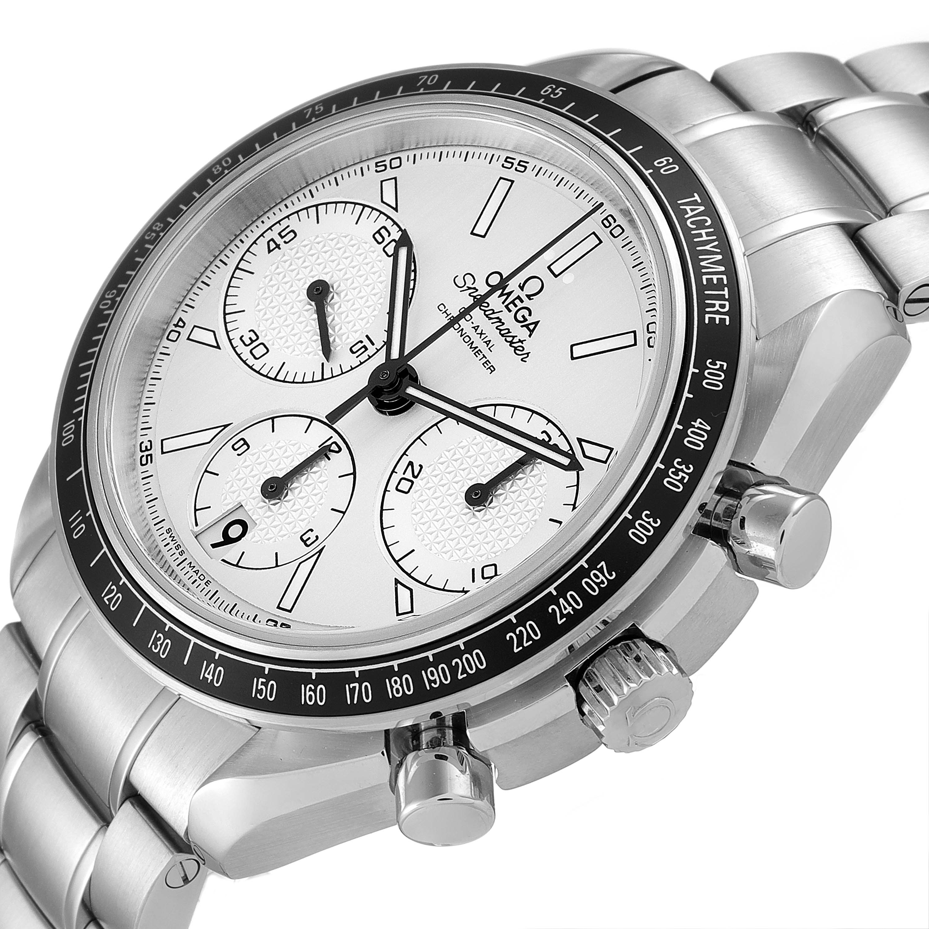 The image shows an Omega Speedmaster 326.30.40.50.02.001 Men's Stainless Steel Silver Dial 326.30.40.50.02.001 Men's Stainless Steel Silver Dial watch at a slight angle, highlighting the face, tachymeter bezel, and stainless steel bracelet.
