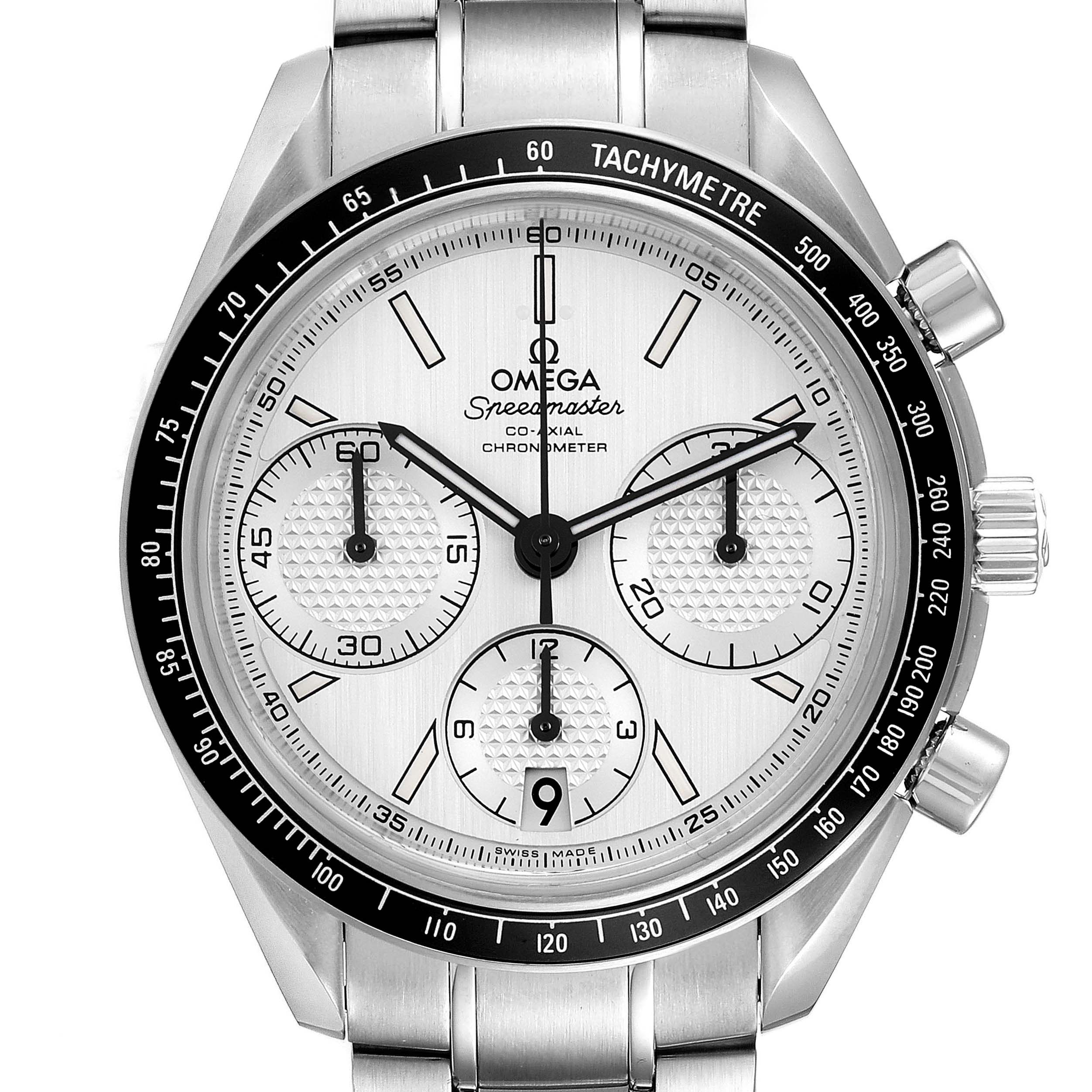 The image shows a frontal view of the Omega Speedmaster 326.30.40.50.02.001 Men's Stainless Steel Silver Dial 326.30.40.50.02.001 Men's Stainless Steel Silver Dial watch, highlighting its dial, chronograph sub-dials, and tachymeter bezel.