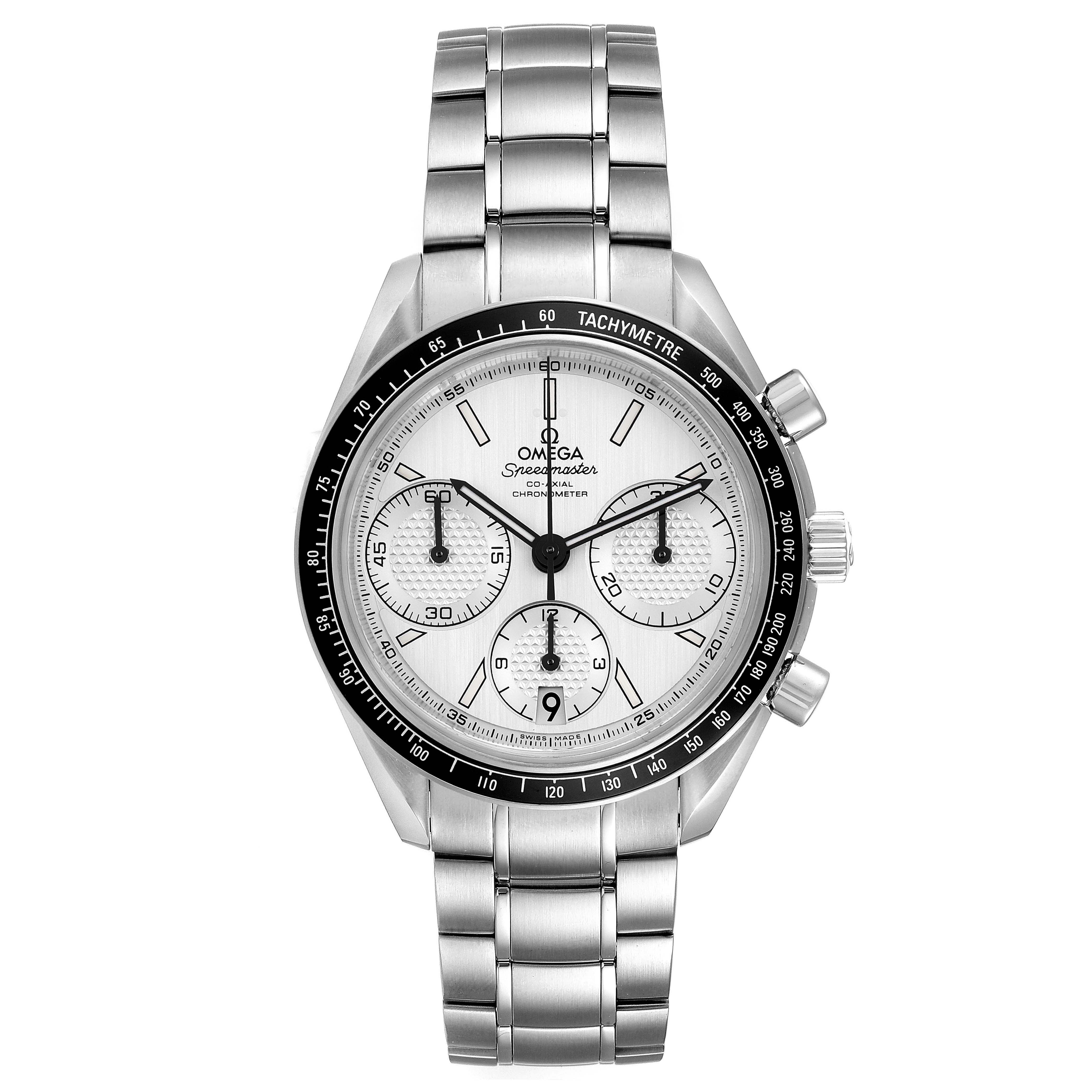 The image shows a front view of the Omega Speedmaster 326.30.40.50.02.001 Men's Stainless Steel Silver Dial 326.30.40.50.02.001 Men's Stainless Steel Silver Dial watch, featuring its dial, bezel, and bracelet.