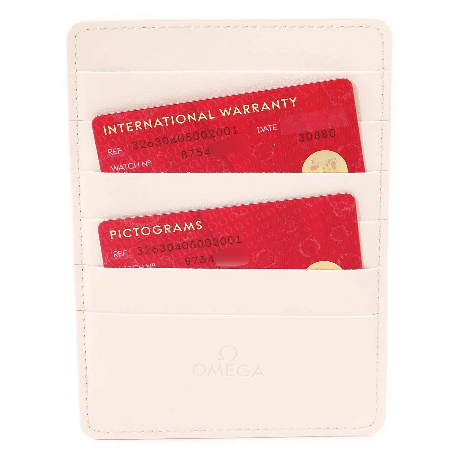 The image shows the warranty certificate and pictograms card for the Omega Speedmaster 326.30.40.50.02.001 Men's Stainless Steel Silver Dial 326.30.40.50.02.001 Men's Stainless Steel Silver Dial, displayed in a white cardholder.