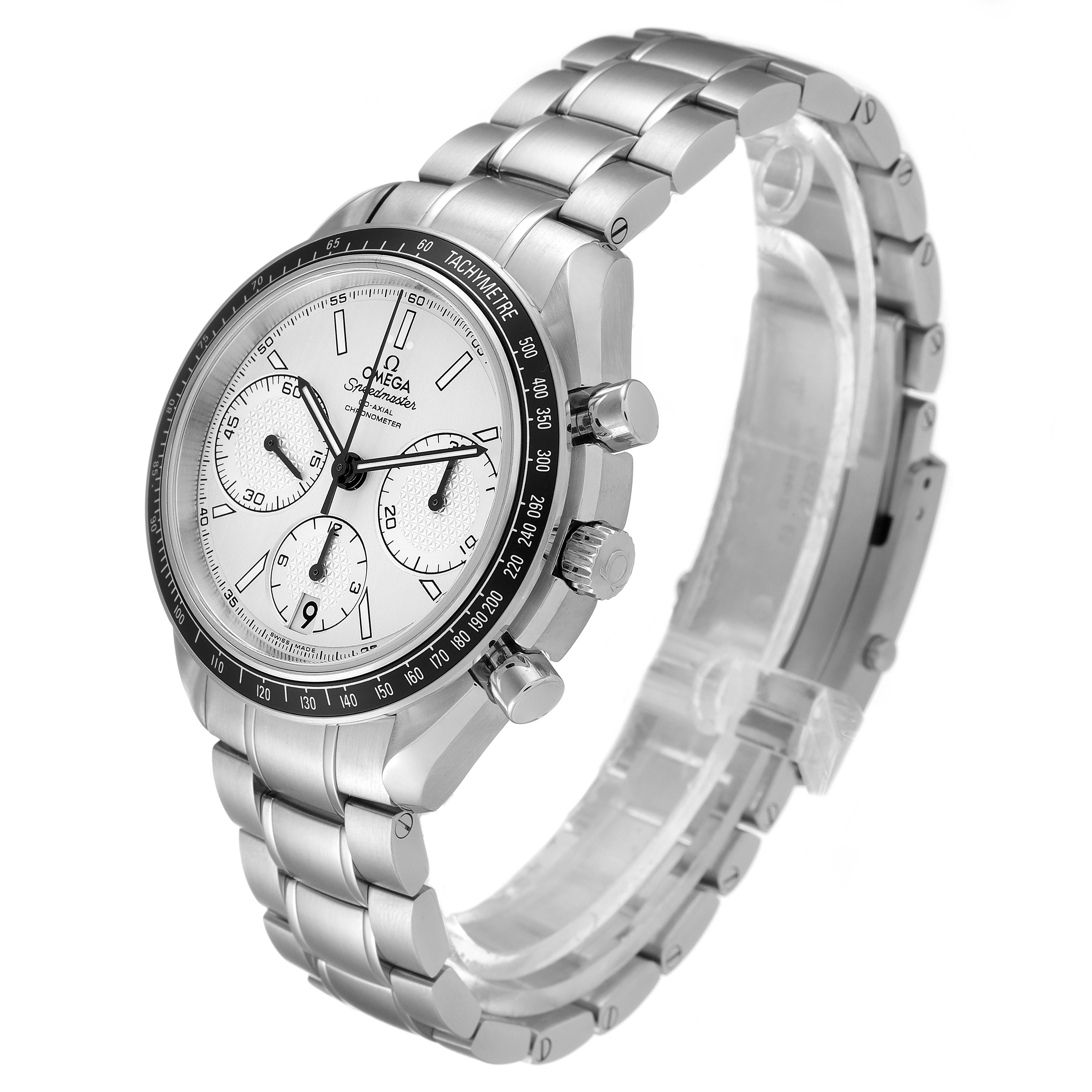 This image shows an angled view of the Omega Speedmaster 326.30.40.50.02.001 Men's Stainless Steel Silver Dial 326.30.40.50.02.001 Men's Stainless Steel Silver Dial watch, including its face, bezel, pushers, and metal bracelet.