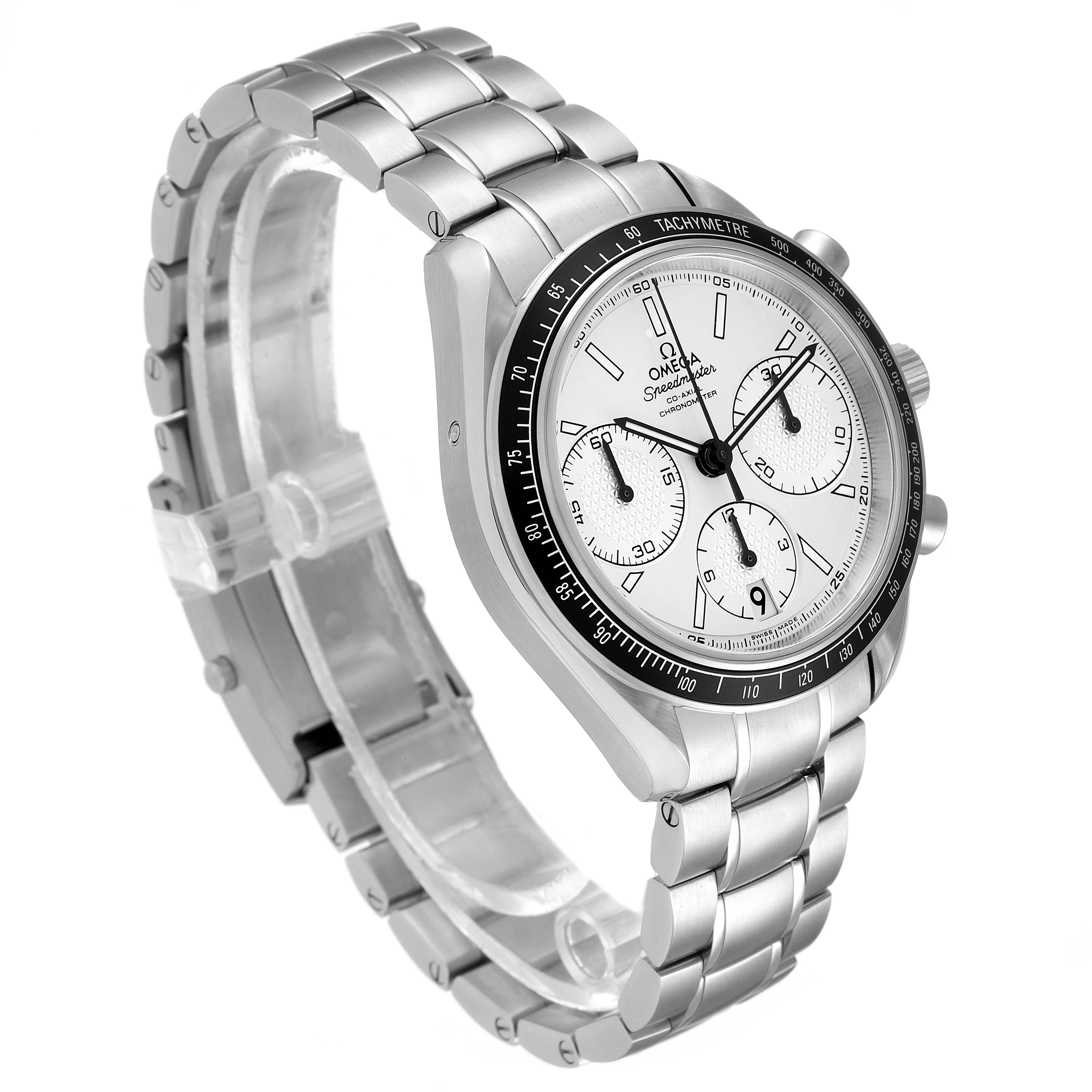 The image shows the Omega Speedmaster 326.30.40.50.02.001 Men's Stainless Steel Silver Dial 326.30.40.50.02.001 Men's Stainless Steel Silver Dial watch from a three-quarter angle, highlighting its bracelet, dial, and tachymeter scale.