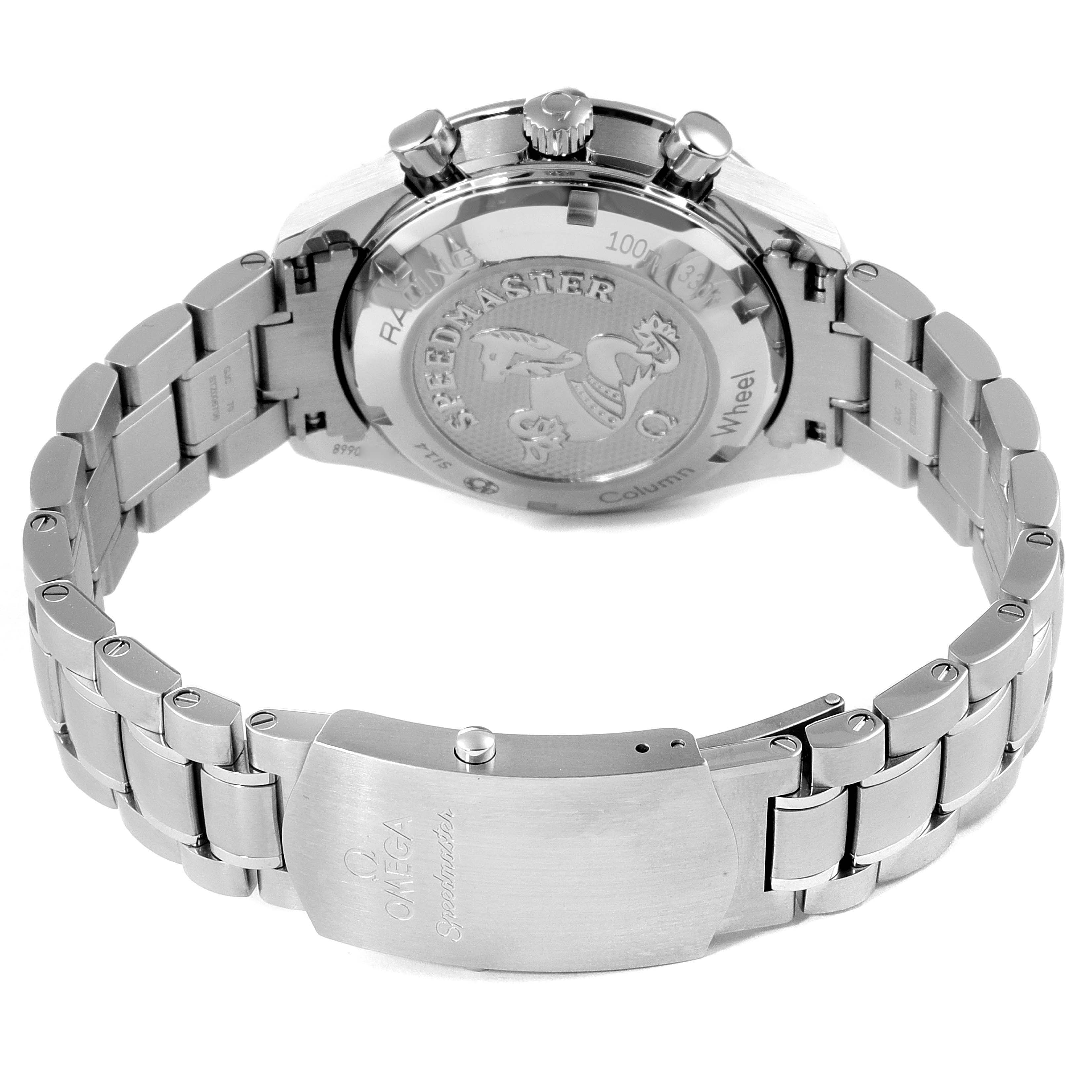 This image shows an Omega Speedmaster 326.30.40.50.01.002 Men's Stainless Steel Black Dial 326.30.40.50.01.002 Men's Stainless Steel Black Dial watch from the back, highlighting the case back, bracelet, and clasp.