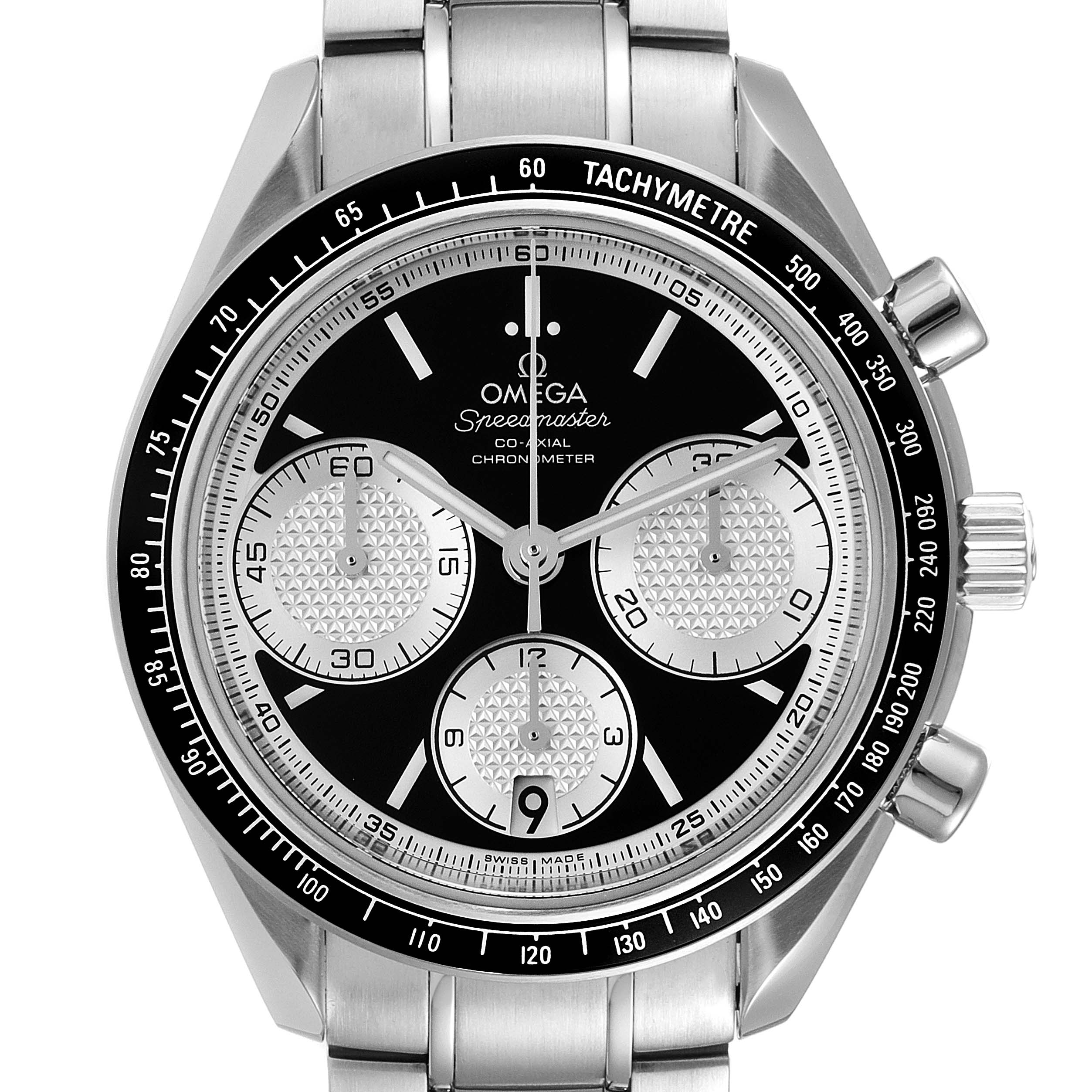 This image shows a front view of an Omega Speedmaster 326.30.40.50.01.002 Men's Stainless Steel Black Dial 326.30.40.50.01.002 Men's Stainless Steel Black Dial watch, highlighting its chronograph subdials and tachymeter bezel.