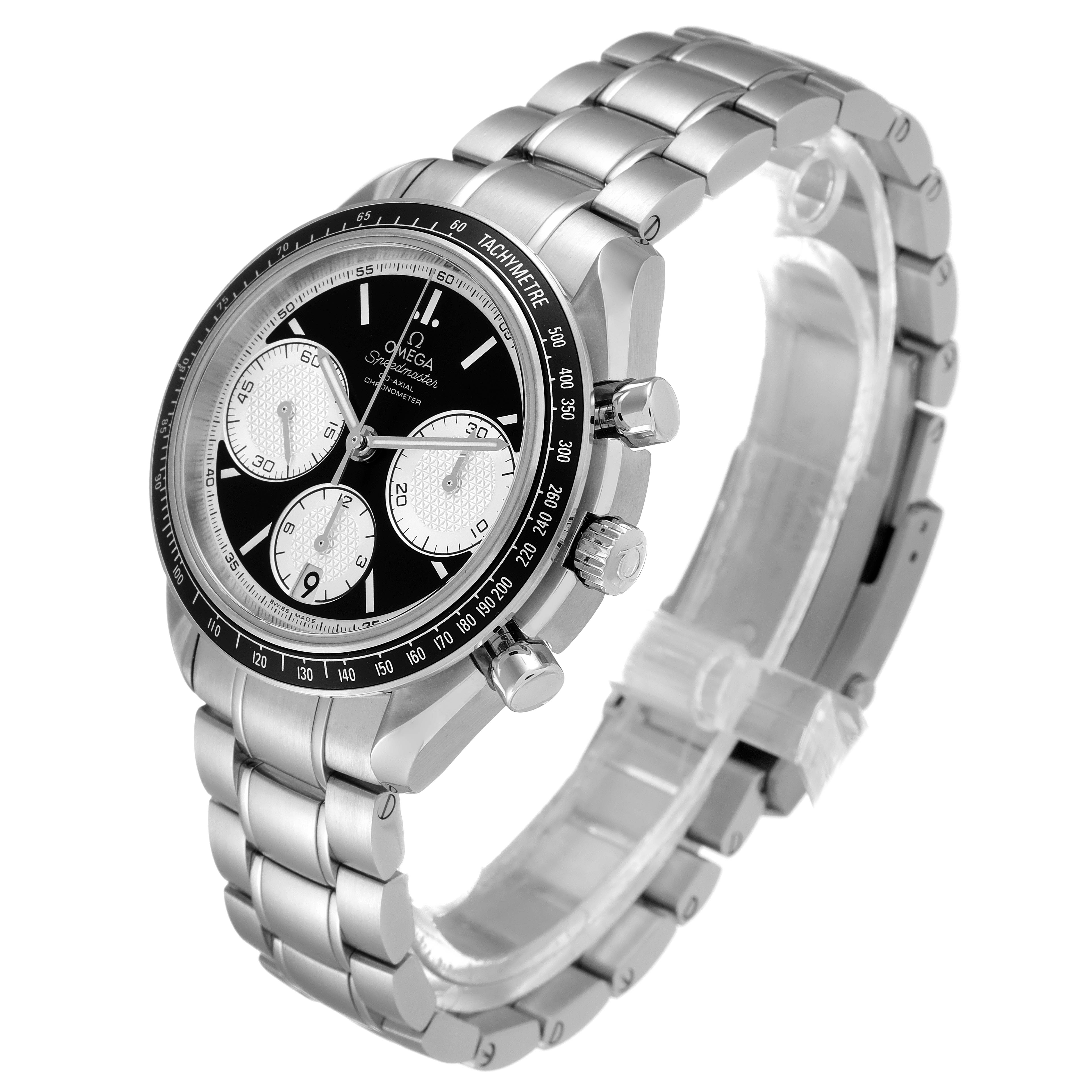 The image shows an oblique angle of an Omega Speedmaster 326.30.40.50.01.002 Men's Stainless Steel Black Dial 326.30.40.50.01.002 Men's Stainless Steel Black Dial watch, highlighting its face, bezel, and stainless steel bracelet.