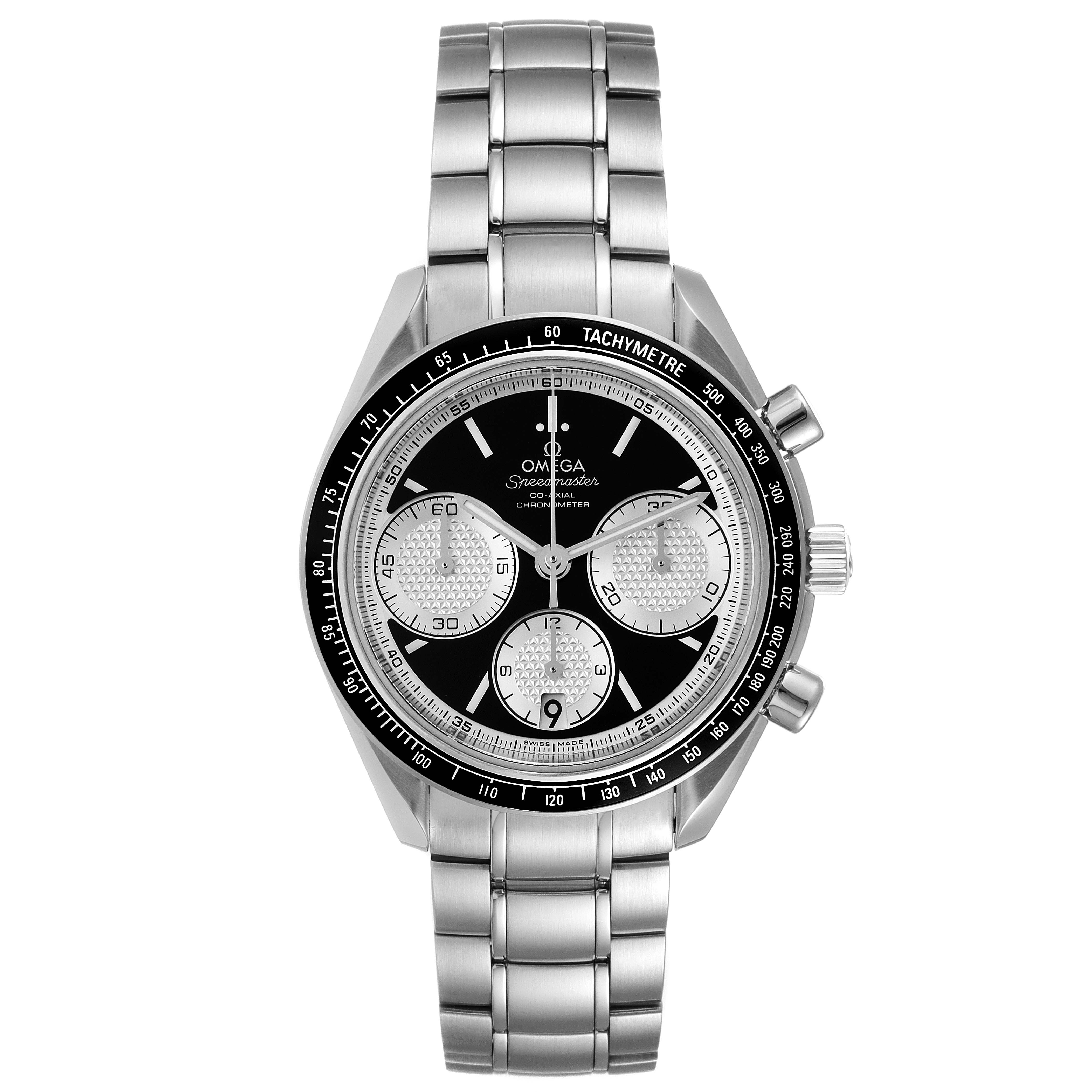 The image shows a front view of the Omega Speedmaster 326.30.40.50.01.002 Men's Stainless Steel Black Dial 326.30.40.50.01.002 Men's Stainless Steel Black Dial watch, featuring its dial, bezel, and metal bracelet.