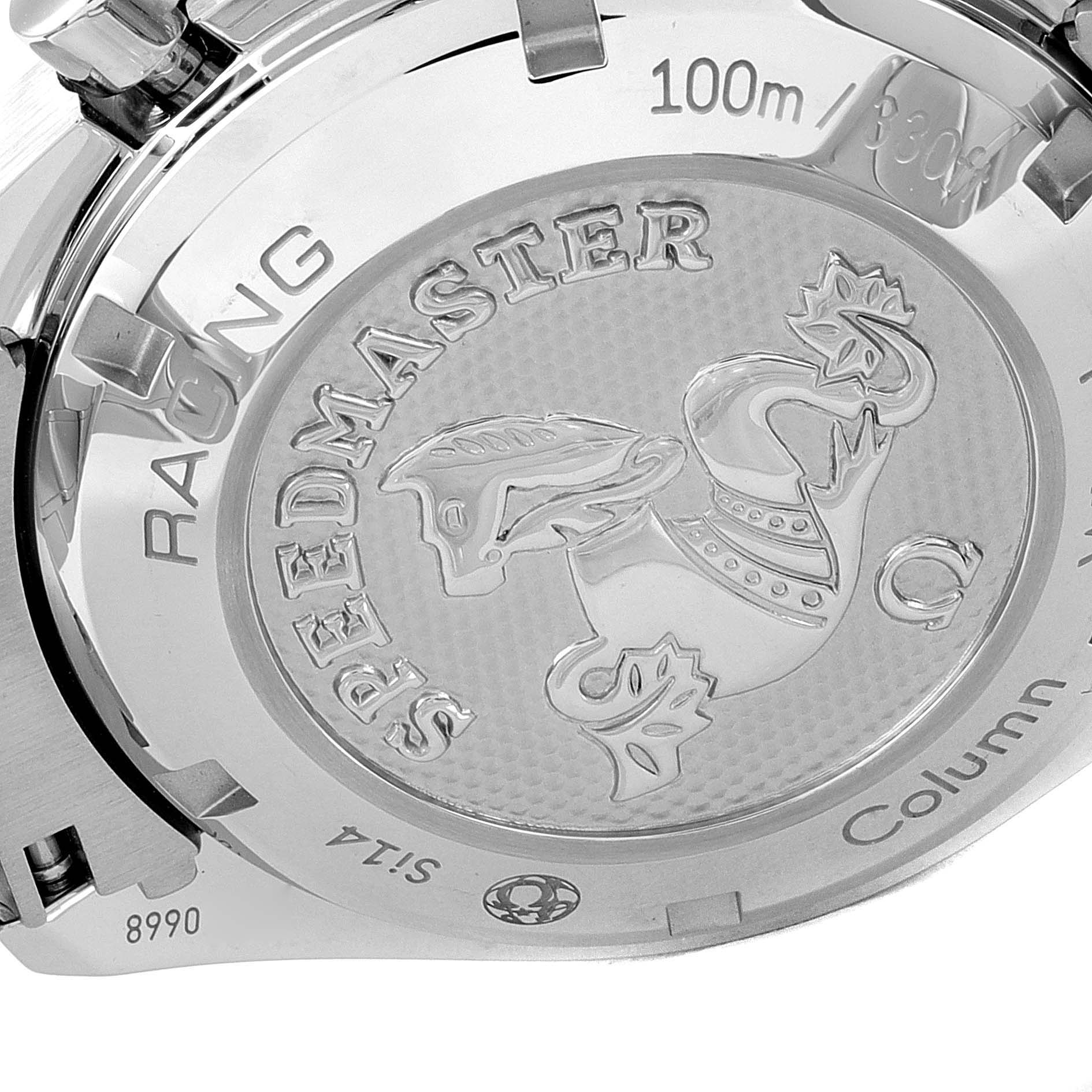 The image shows the back case of an Omega Speedmaster 326.30.40.50.01.002 Men's Stainless Steel Black Dial 326.30.40.50.01.002 Men's Stainless Steel Black Dial watch, highlighting the engraved logo and model details.