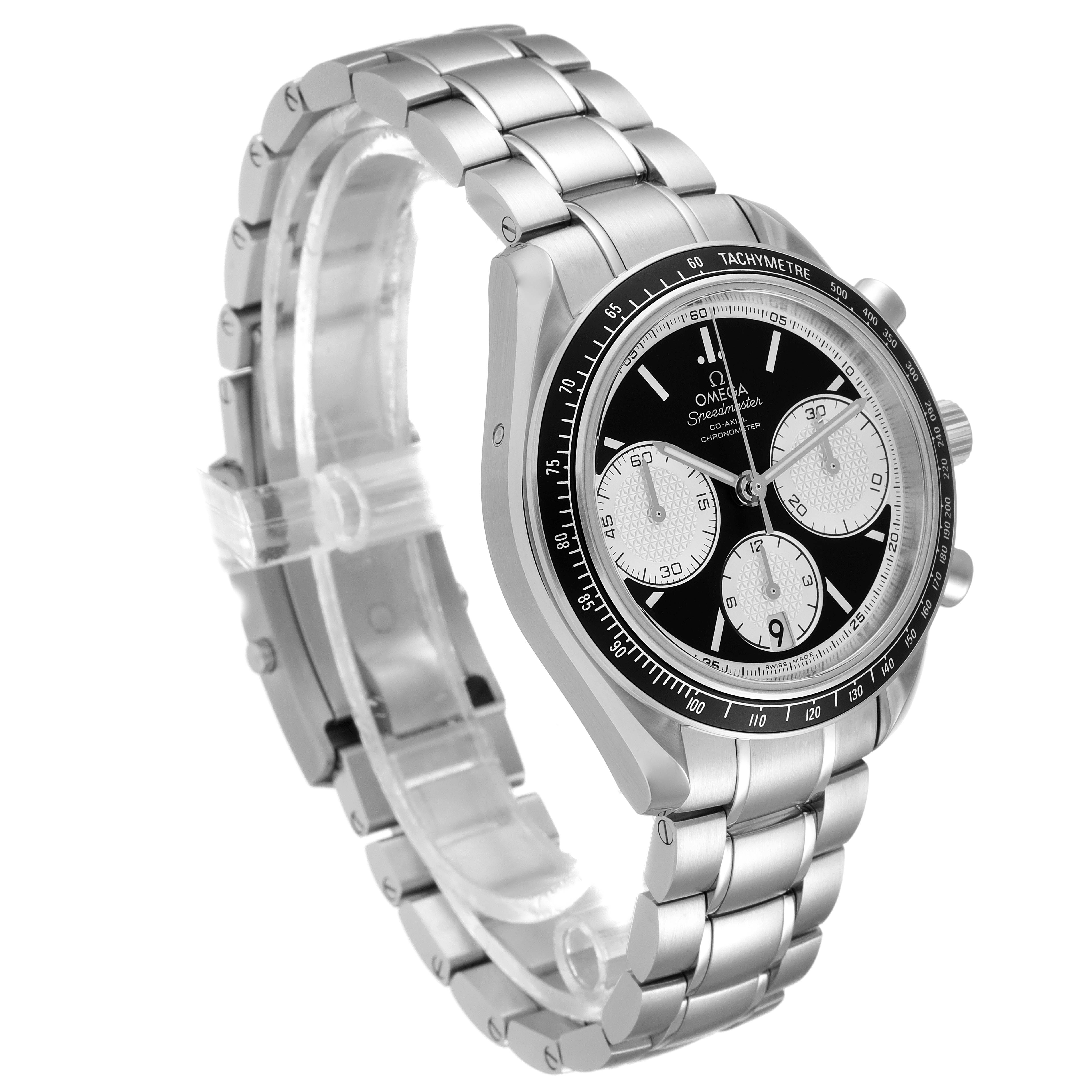 The Omega Speedmaster 326.30.40.50.01.002 Men's Stainless Steel Black Dial 326.30.40.50.01.002 Men's Stainless Steel Black Dial watch is shown at a slight angle, displaying its face, bezel, case, and stainless steel bracelet.