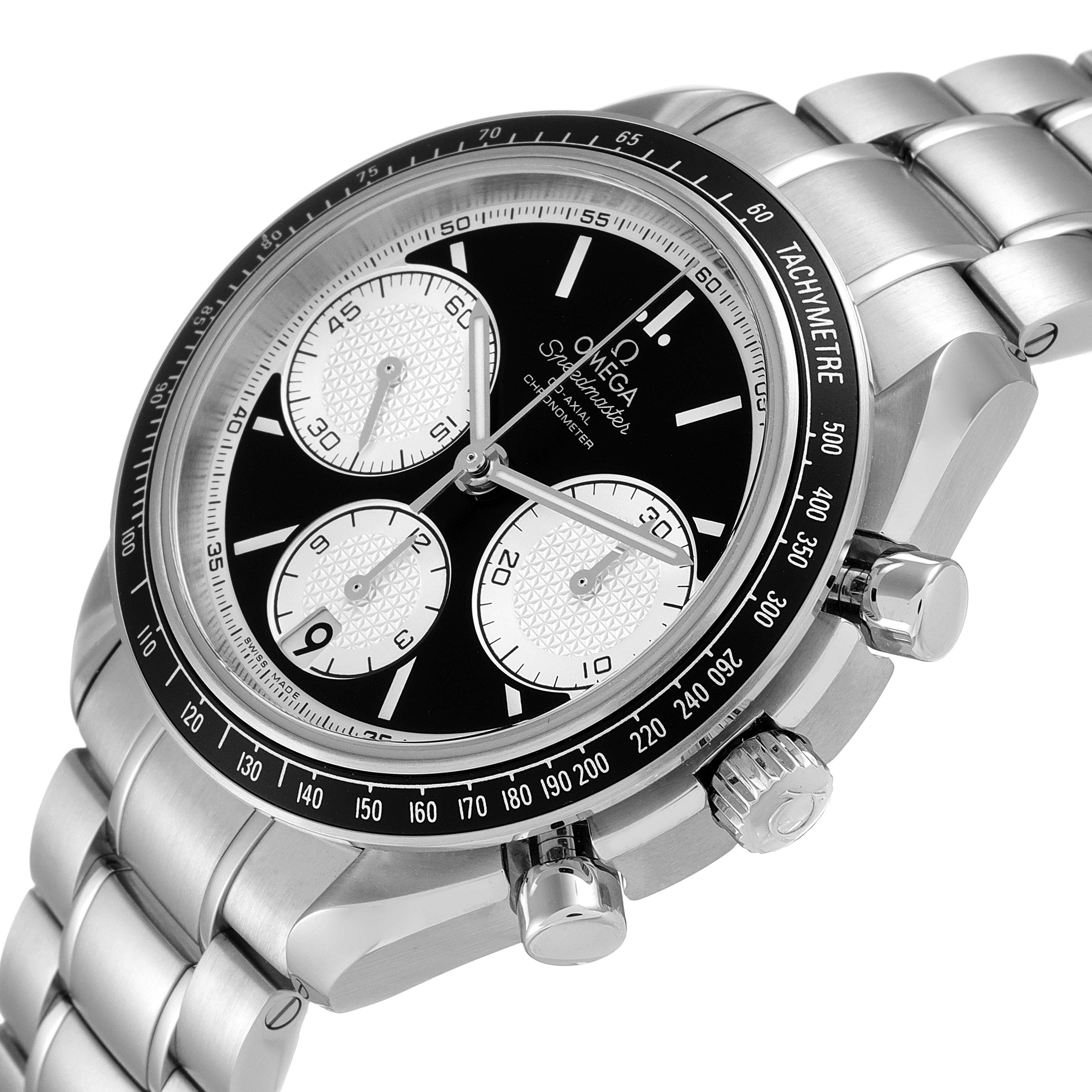 The image shows an Omega Speedmaster 326.30.40.50.01.002 Men's Stainless Steel Black Dial 326.30.40.50.01.002 Men's Stainless Steel Black Dial watch from a side angle, highlighting its face, bezel, pushers, crown, and bracelet.