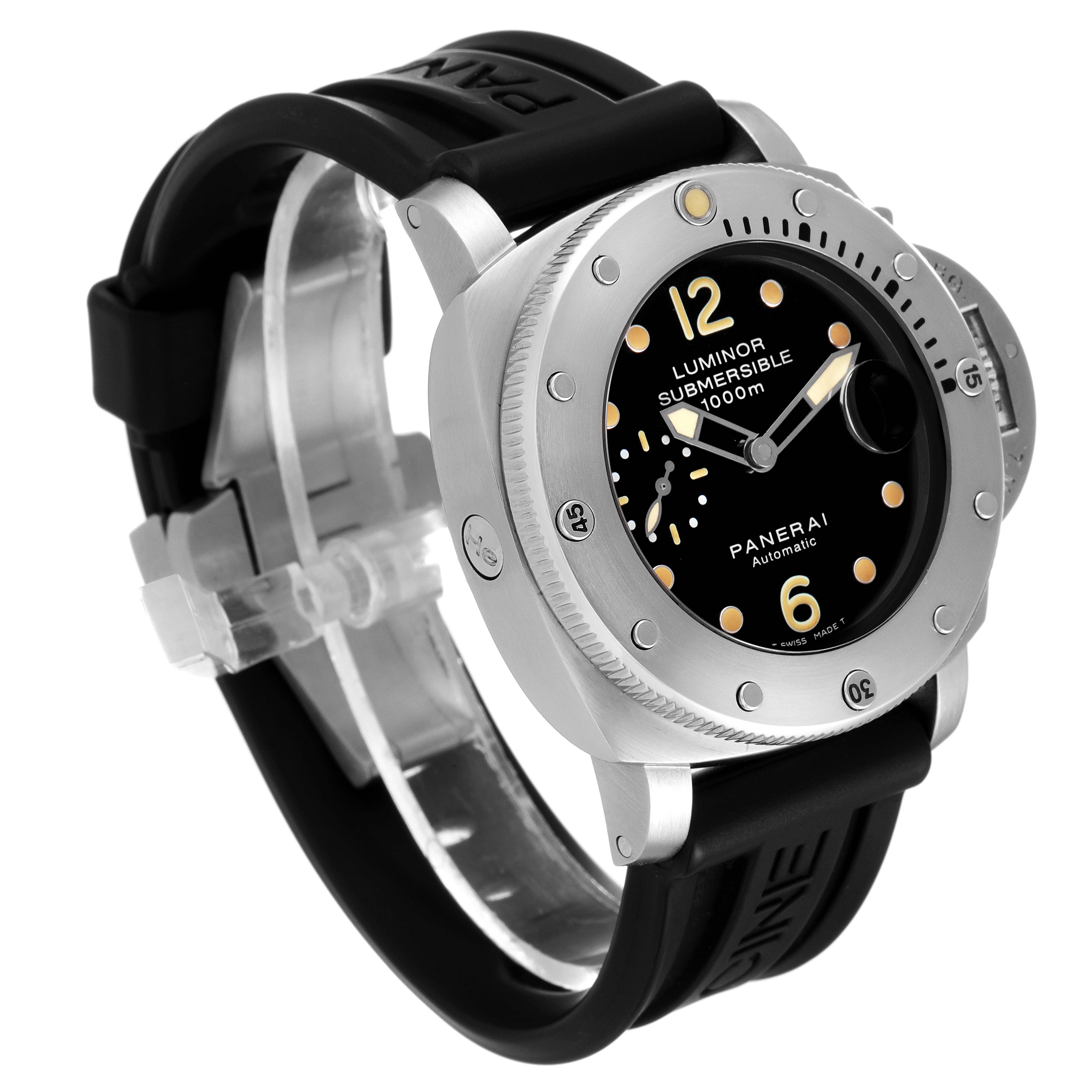 The image shows a side-angle view of a Panerai Submersible PAM00243 Men's Stainless Steel Black Dial PAM00243 Men's Stainless Steel Black Dial watch, highlighting the bezel, dial, and rubber strap.