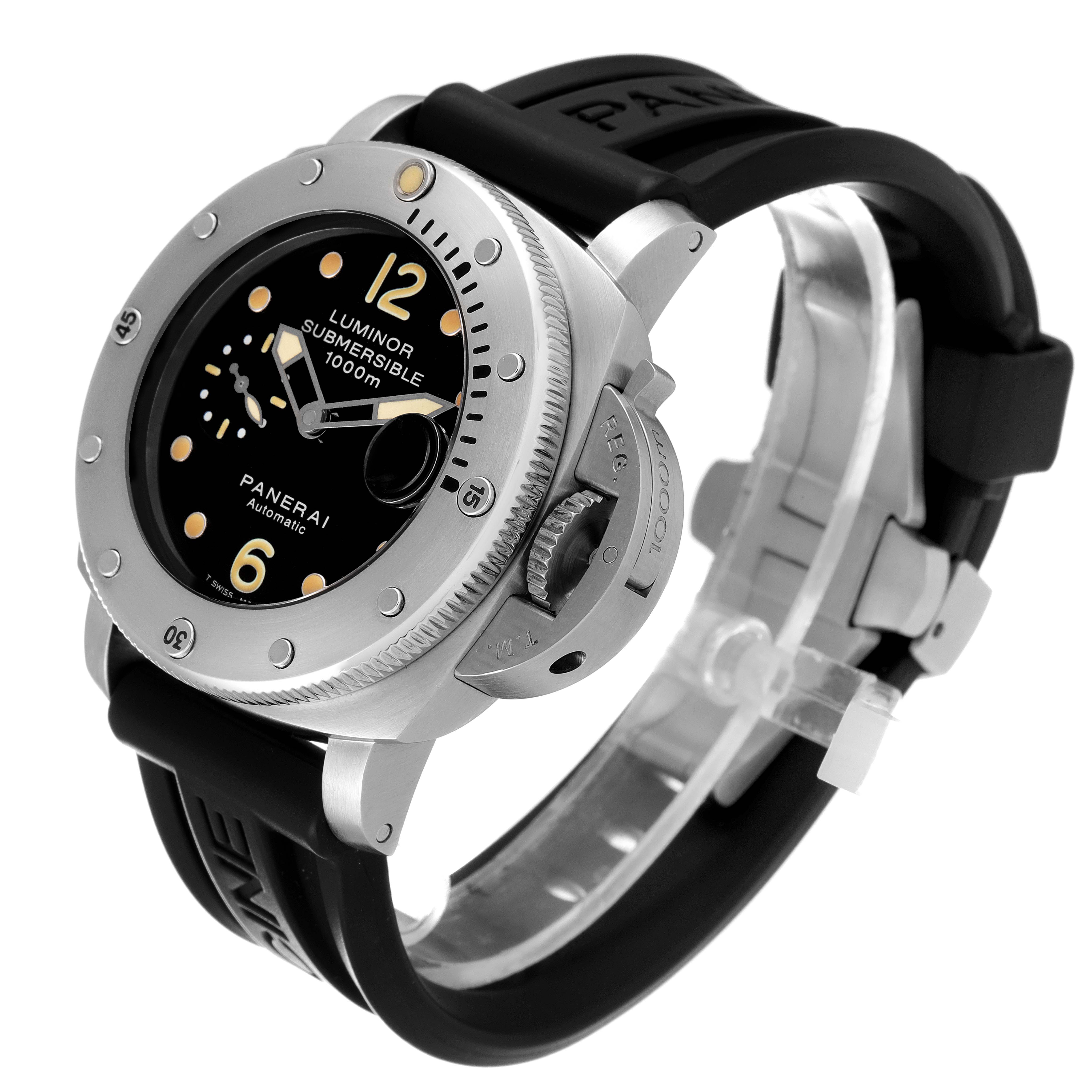 The image shows a Panerai Submersible PAM00243 Men's Stainless Steel Black Dial PAM00243 Men's Stainless Steel Black Dial watch from a three-quarter angle, highlighting the bezel, crown guard, and black rubber strap.