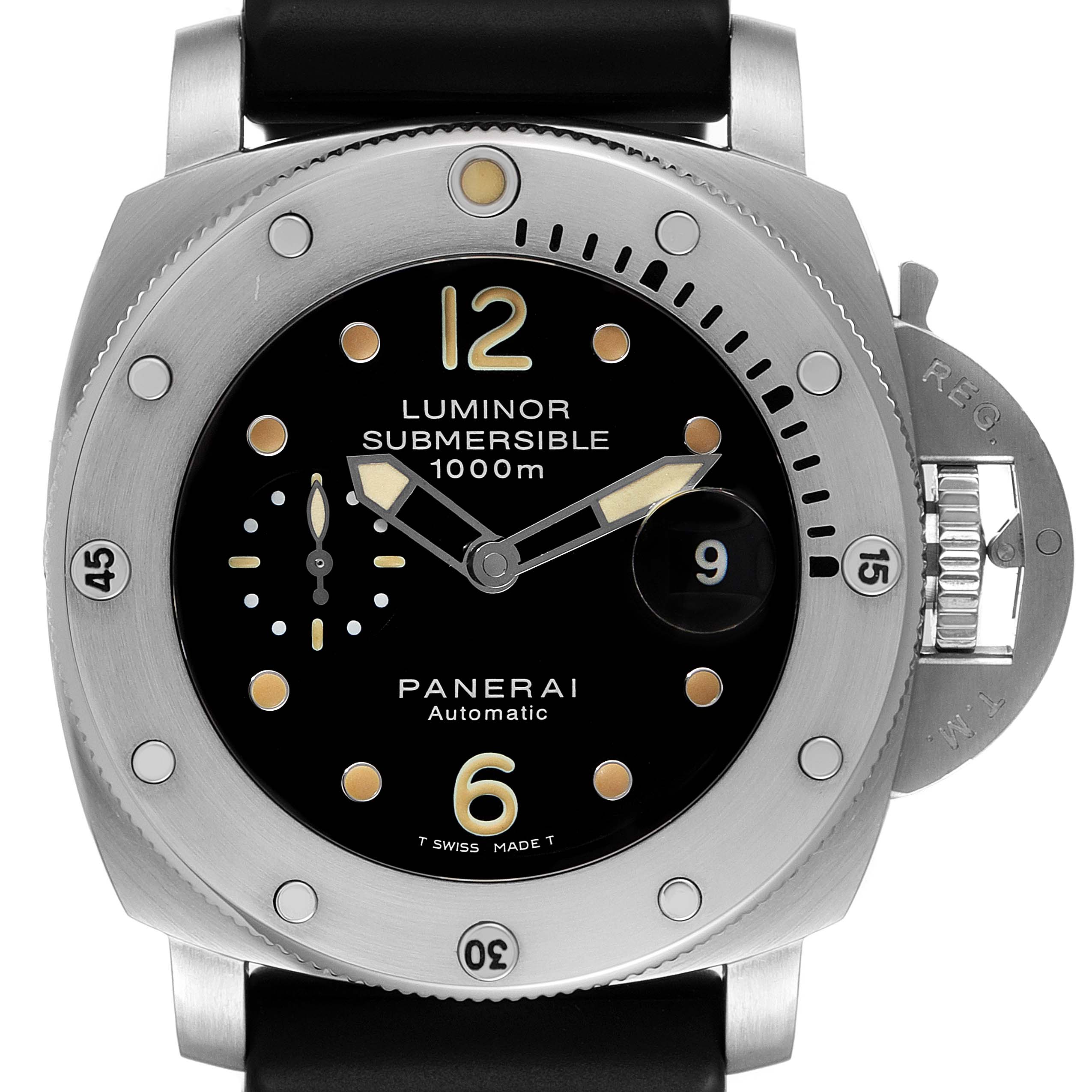 The Panerai Submersible PAM00243 Men's Stainless Steel Black Dial PAM00243 Men's Stainless Steel Black Dial model watch is shown from a front angle, displaying its bezel, dial, hands, markers, and crown protector.