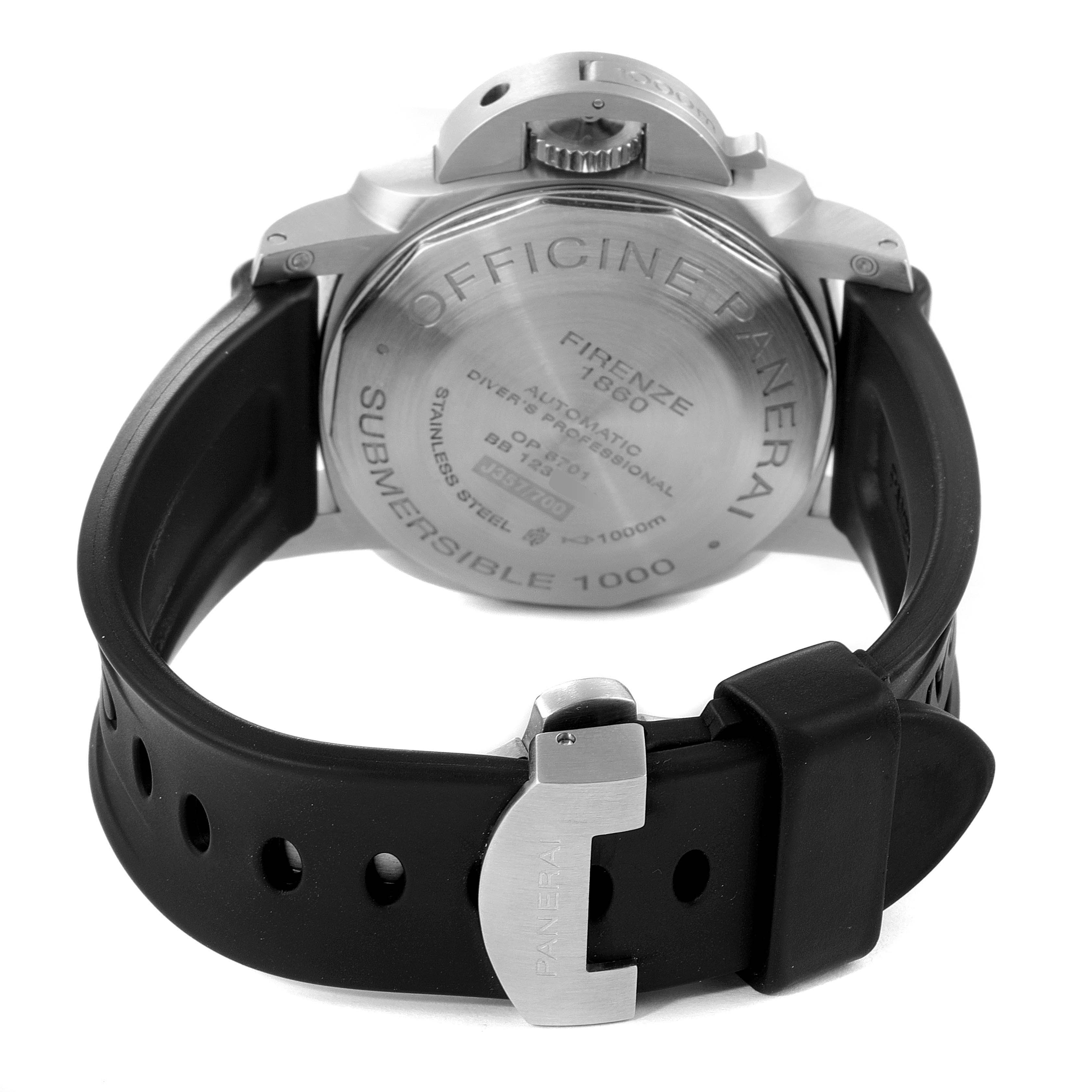 This image shows the back case and strap of the Panerai Submersible PAM00243 Men's Stainless Steel Black Dial PAM00243 Men's Stainless Steel Black Dial watch, highlighting the engravings and buckle from a rear angle.