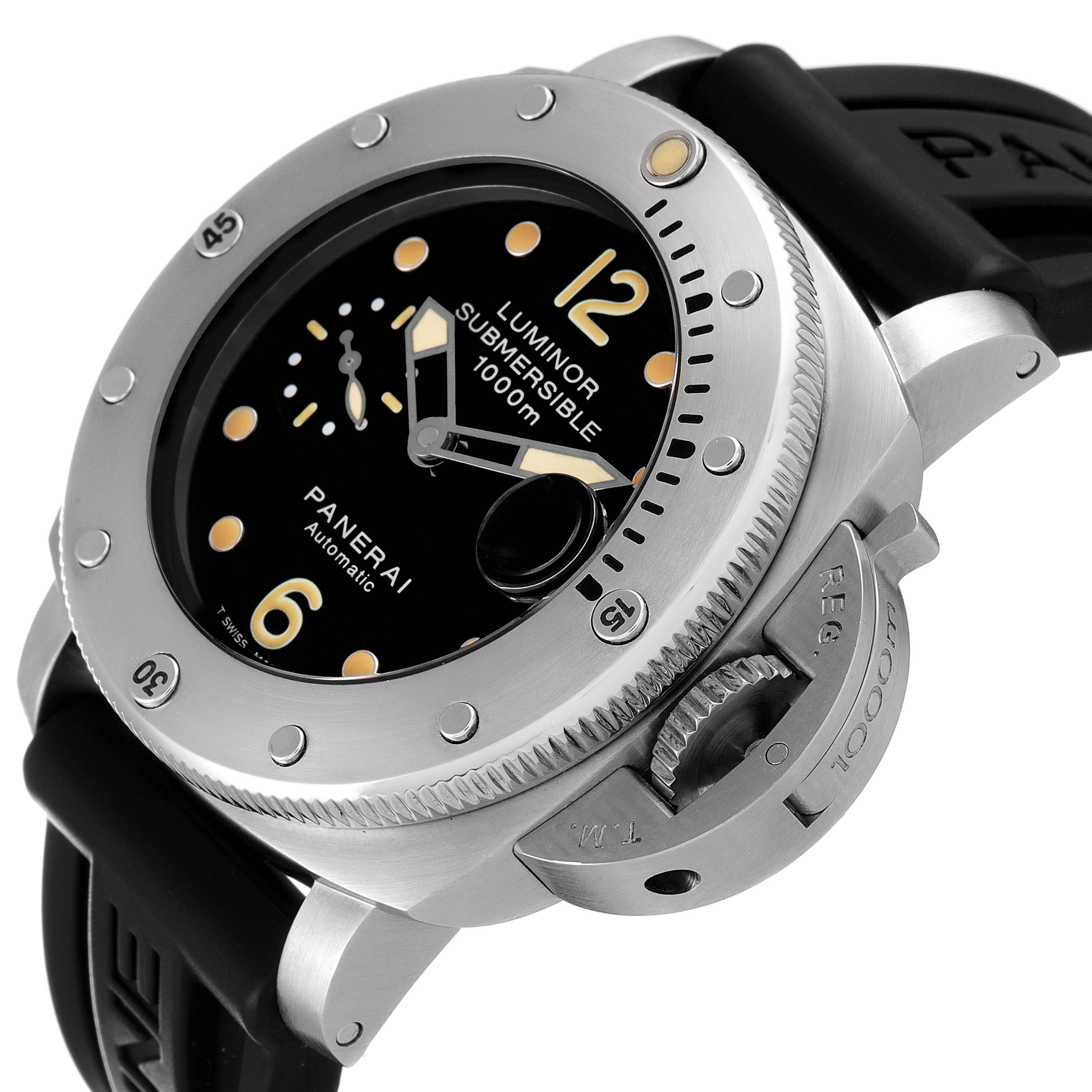 This image shows a Panerai Luminor Submersible watch, angled from the front-right, highlighting the bezel, dial, and crown guard.